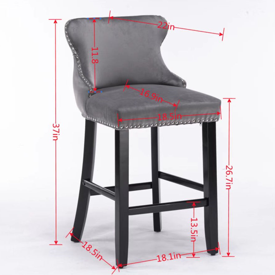 Modern Velvet Upholstered Wingback Bar Stools with Button Tufting & Wooden Legs - Set of 4 Black Bar Chairs with Chrome Nailhead Trim for Kitchen Island, Home Bar & Dining Room Decor - SW1824BK