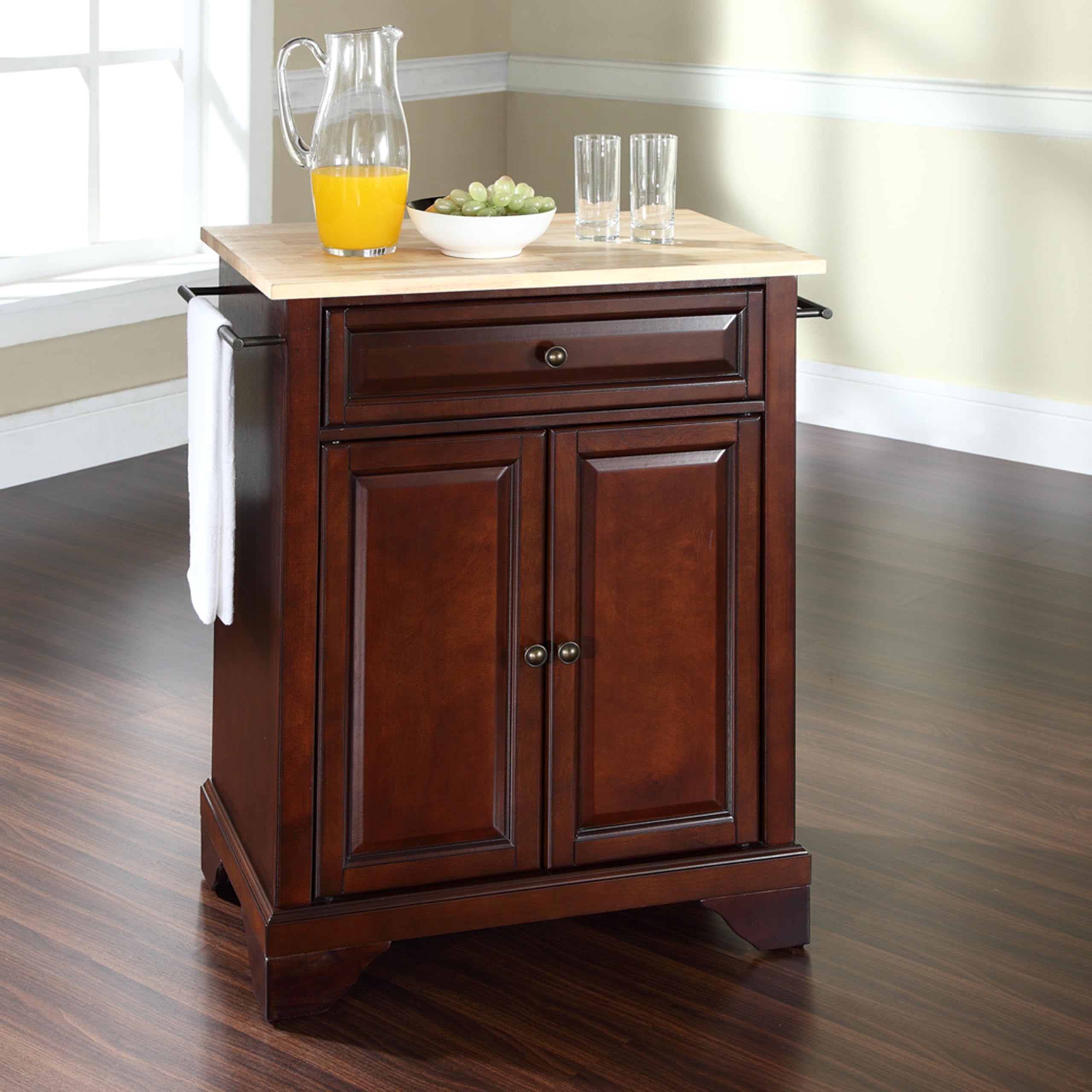 Crosley Lafayette Wood Top Portable Kitchen Island Cart with Wheels - Microwave Stand, Storage Cabinet, Mahogany Finish for Small Spaces - Perfect for Apartments, Dorms & Compact Kitchens
