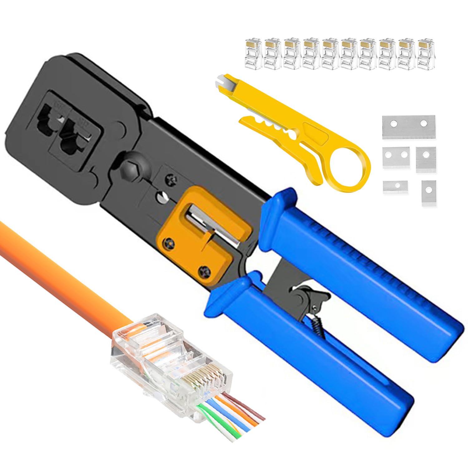 Professional Ratcheting RJ45 Crimp Tool Kit - Ethernet Crimper for Pass Through RJ45, RJ11 & RJ12 Connectors - Ideal for Network Installations, Home Office Setup & IT Maintenance