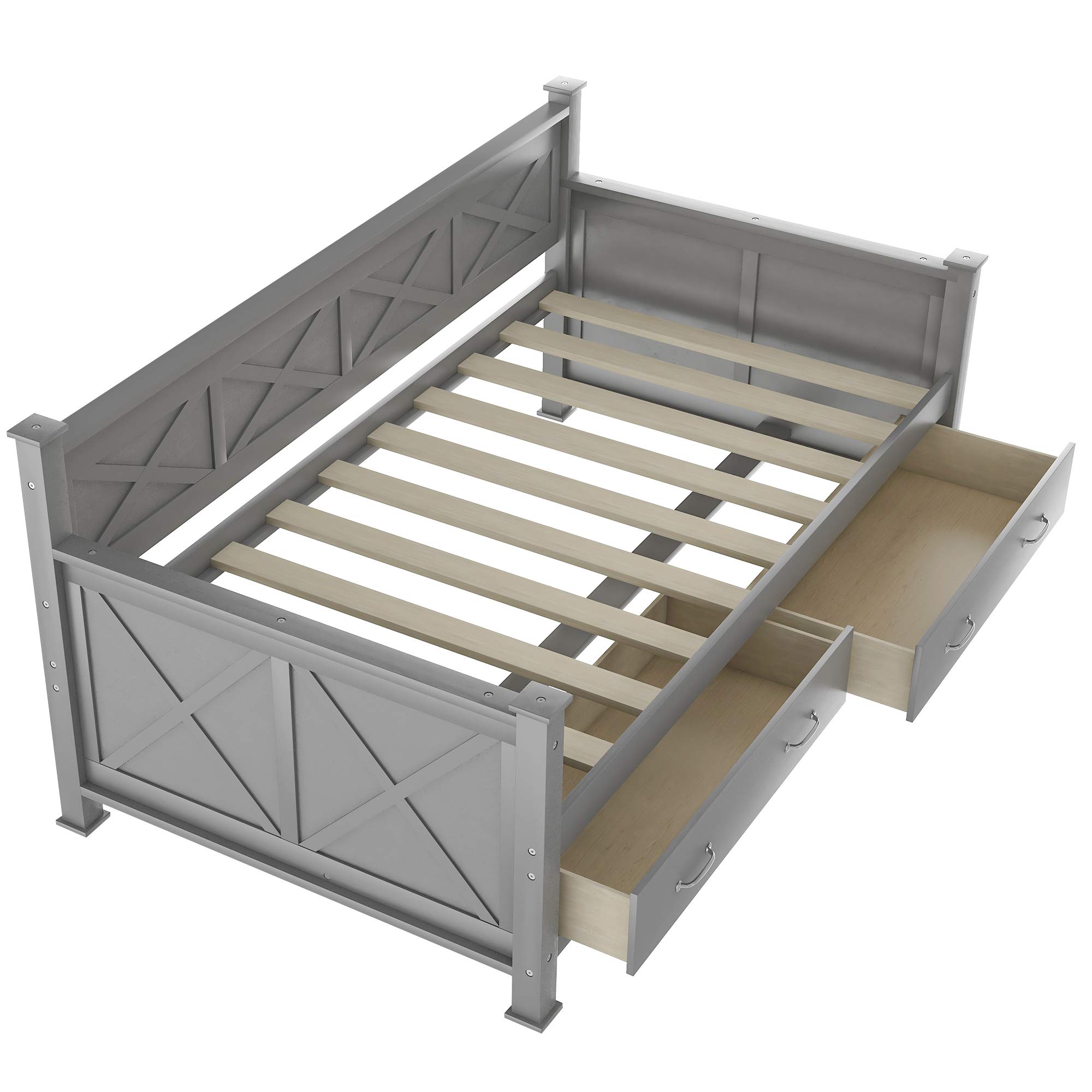 Twin Daybed with Storage Drawers, X-Frame Sofa Bed for Bedroom & Living Room - Grey