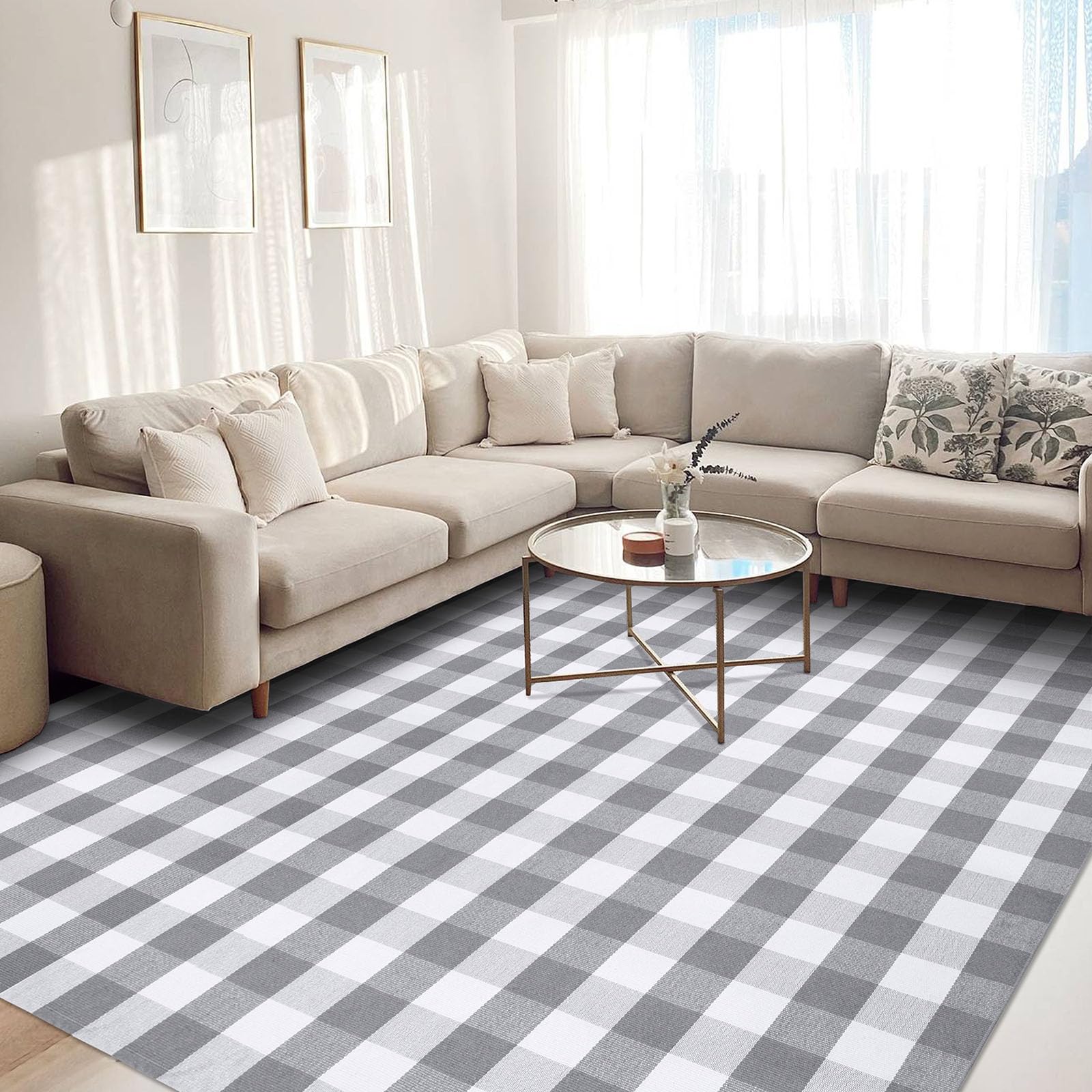 KOZYFLAY Buffalo Plaid Area Rug 8x10 Feet - Gray and White Checkered Washable Cotton Rug for Living Room, Bedroom, Dining Room, Patio - Farmhouse Style Indoor Outdoor Carpet for Home Decor & Cozy Spaces