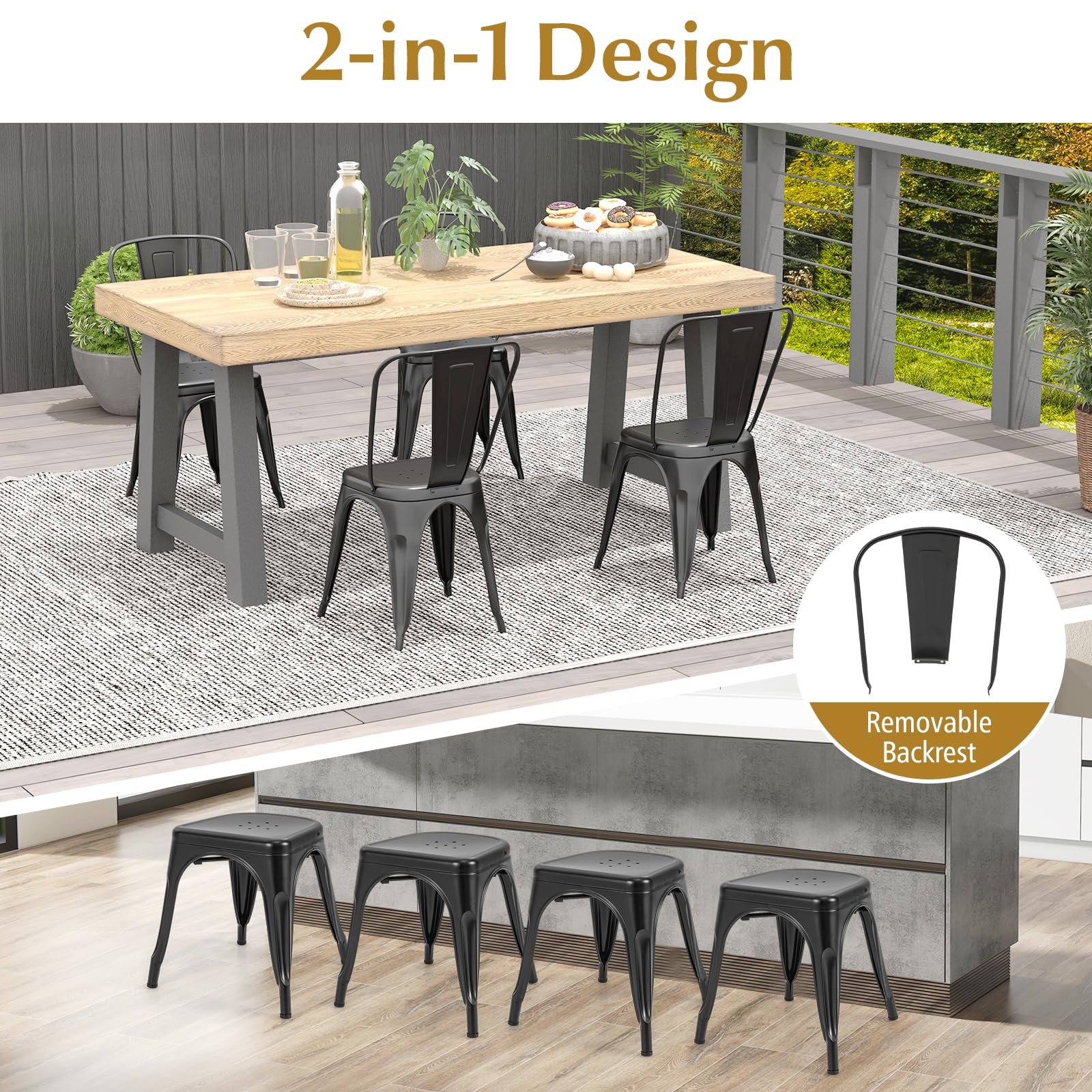 RELAX4LIFE 4-Pack Stackable Metal Dining Chairs with Detachable Backrest & Rubber Feet - Indoor Outdoor Kitchen, Cafe, Restaurant & Patio Use - Black Armless Bar Stools Set for Home & Commercial Spaces