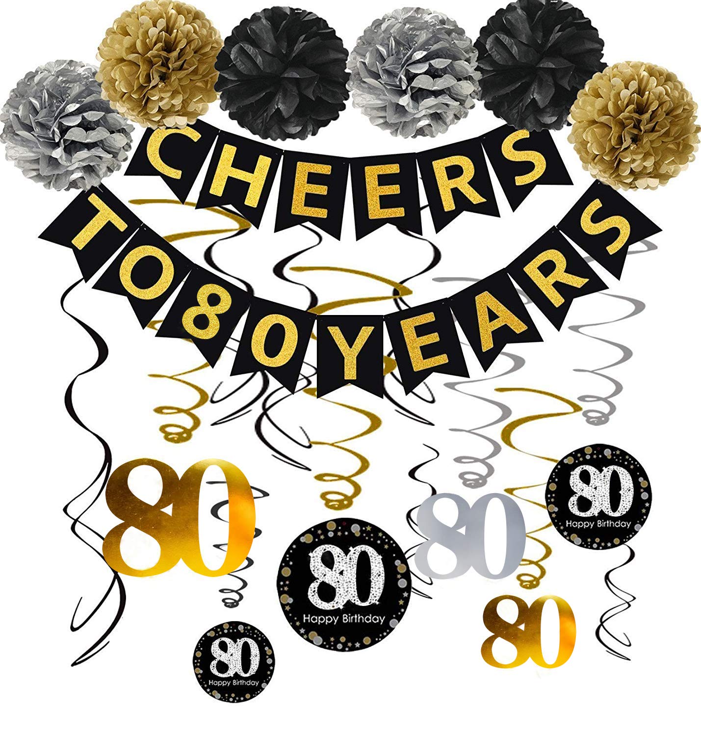80th Birthday Party Decorations Kit - Gold Glitter Cheers to 80 Years Banner, Pom Poms, 12PCS Sparkling 80 Hanging Swirls for Anniversary Decor | Perfect for 80th Birthday Parties, Milestone Celebrations & Retirement Events