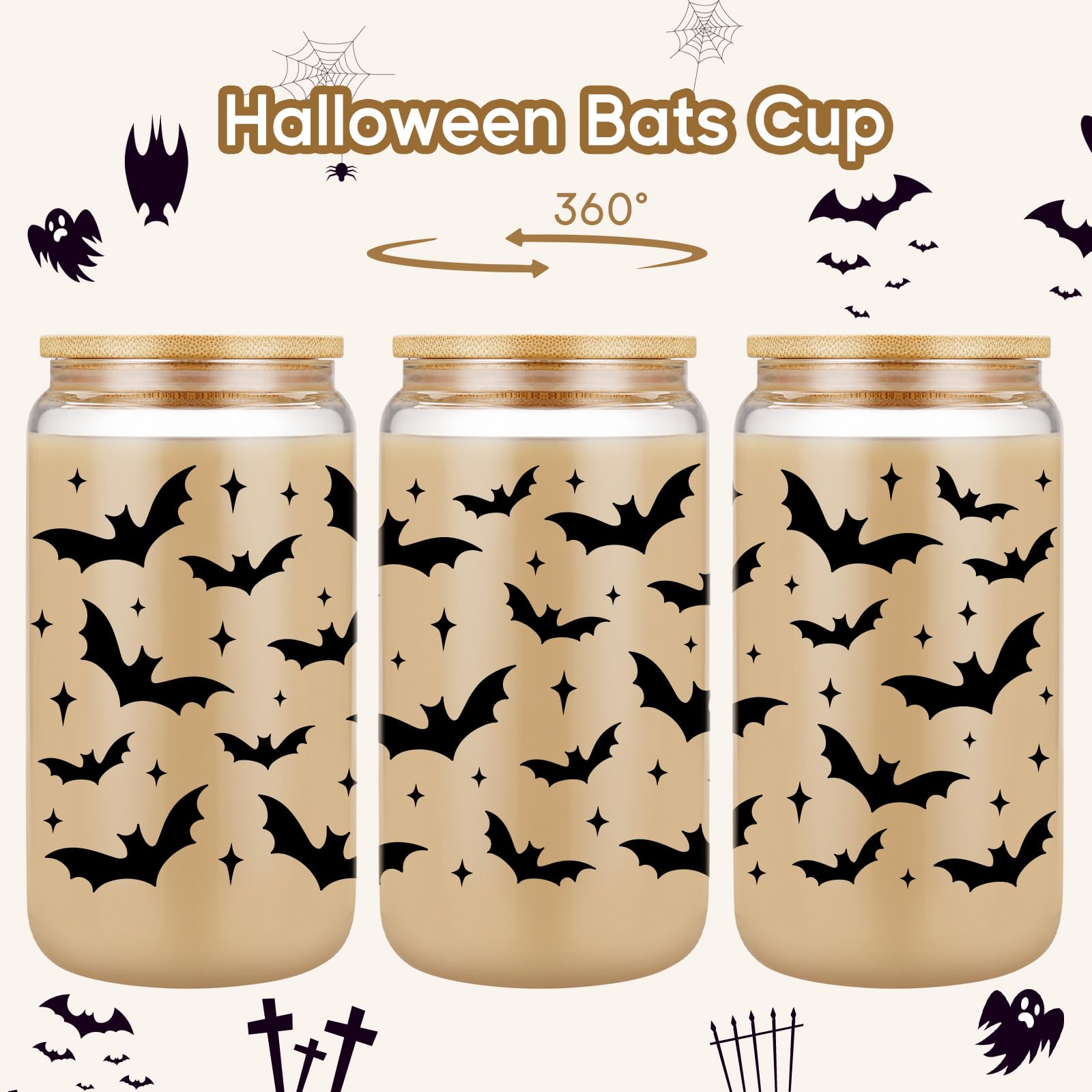Halloween Bat Tumbler - 16 oz Gothic Glass Cup for Iced Coffee, Spooky Gift for Bat Lovers & Goth Girls - Perfect for Halloween Parties, Boo Baskets, and Gothic Home Decor