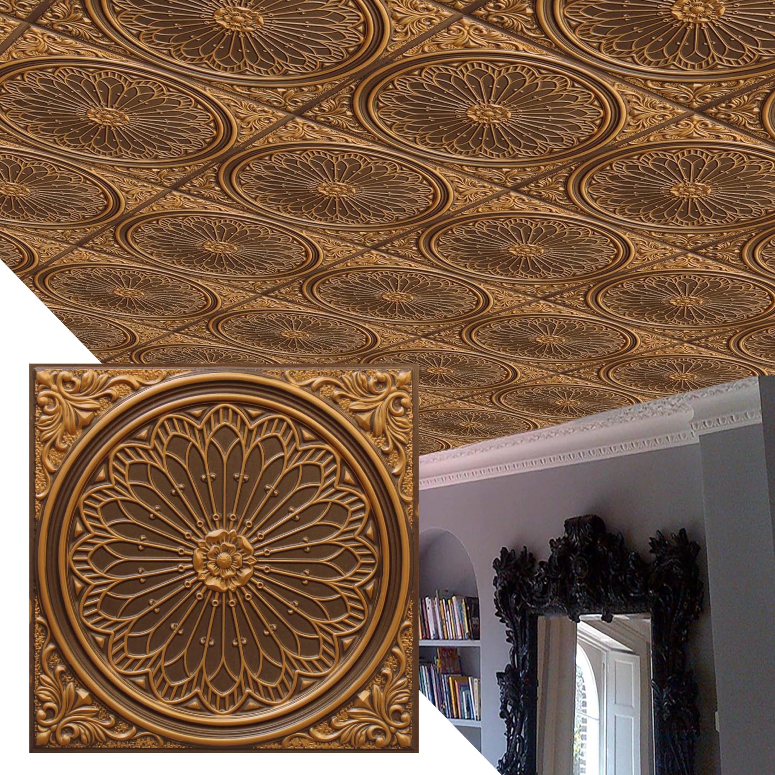 Premium PVC 3D Decorative Ceiling Panel - Rustic Floral Antique Gold Design, 2ft x 2ft (60cm x 60cm), Pack of 10 | Easy Glue Up or Lay In Installation for Home, Office & Commercial Spaces