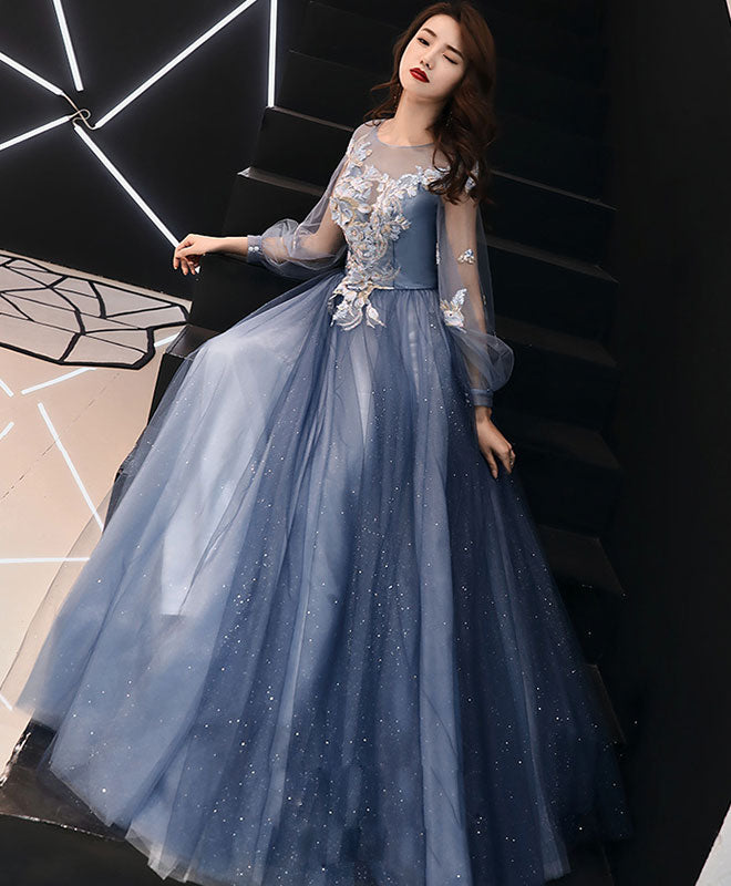 Elegant Blue Round Neck Tulle Lace Long Prom Dress - Formal Evening Gown for Homecoming, Quinceañera & Special Occasions