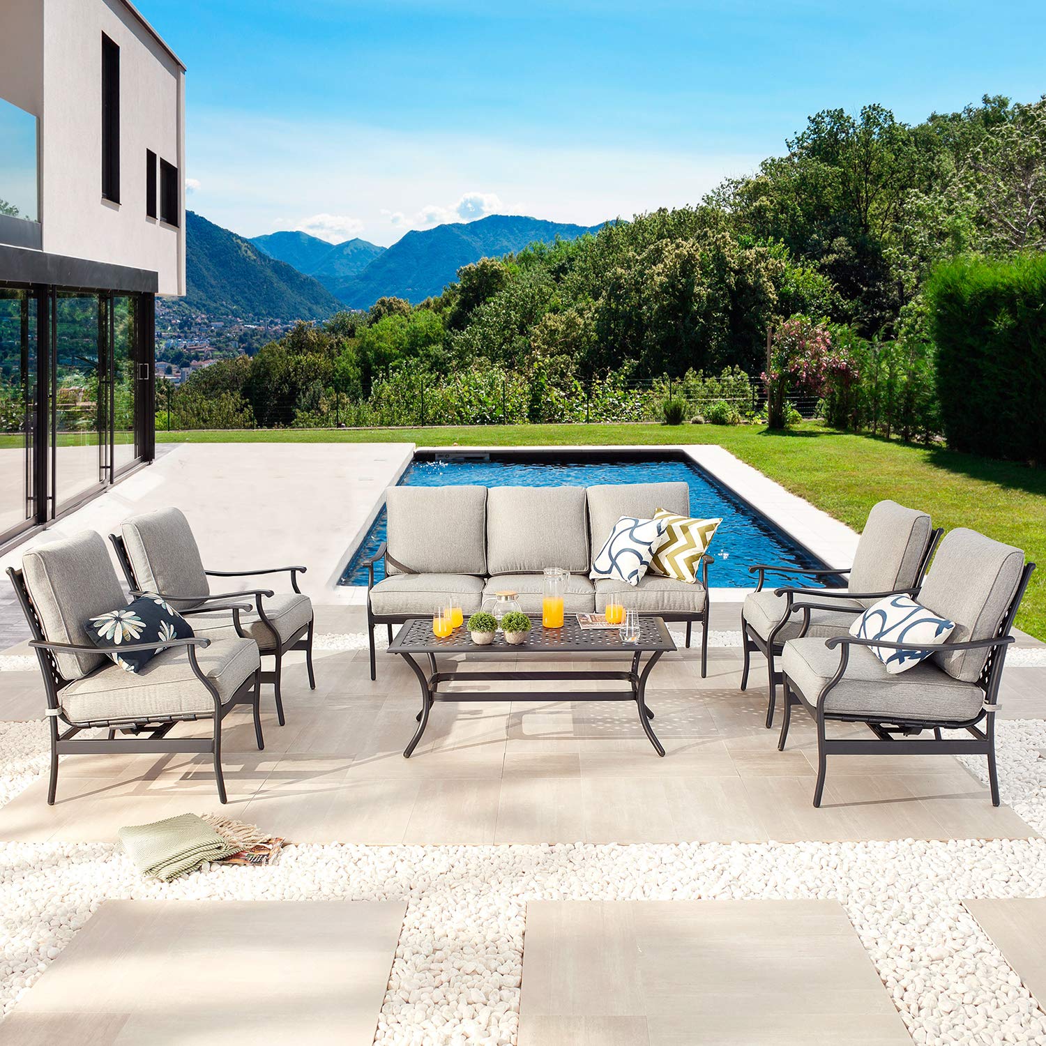 PatioFestival 6-Piece Outdoor Conversation Set with Cushions - All-Weather Galvanized Steel Frame, Grey Metal Patio Furniture for Backyard, Garden & Poolside Relaxation