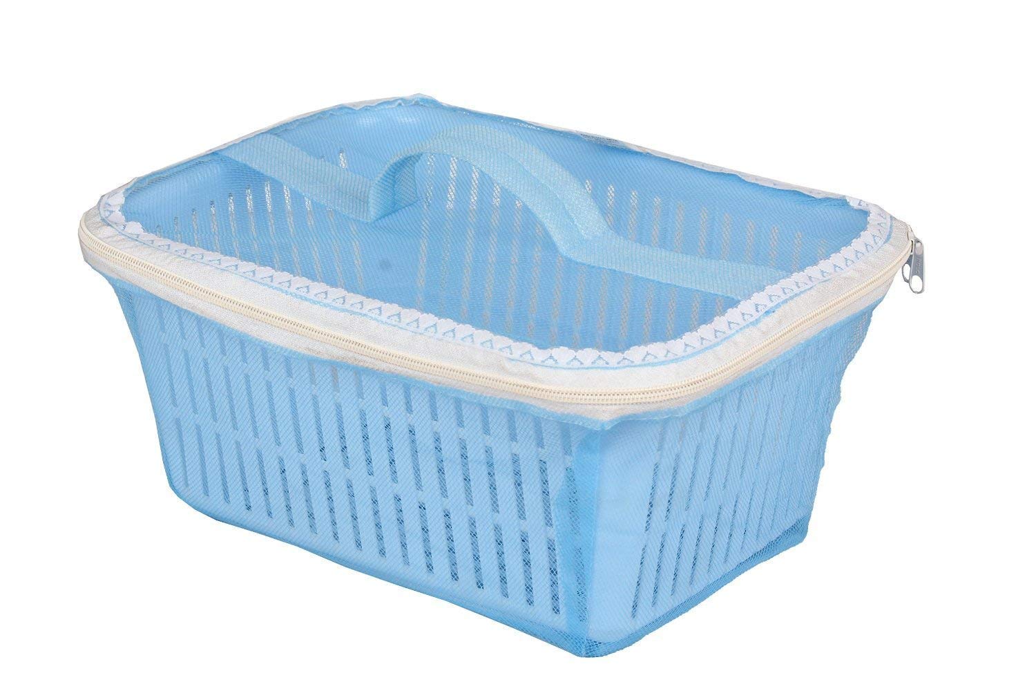VELLURA Multipurpose Plastic Fruit & Vegetable Basket with Mesh Net Cover | Kitchen Storage Organizer for Dining Table, Countertop | Fresh Produce Keeper with Zipper Lid (Blue & Pink) - Perfect for Storing Apples, Bananas, Tomatoes in Pantry or Refrigerator