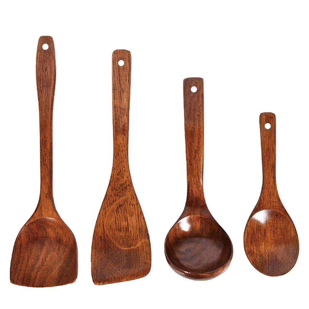 UPKOCH 4-in-1 Wooden Kitchen Utensil Set - Cooking Spoons, Spatula & Food Scoop - Natural Wooden Cooking Tools for Restaurant, Home & Professional Chefs - Perfect for Baking, Stirring & Serving Dishes
