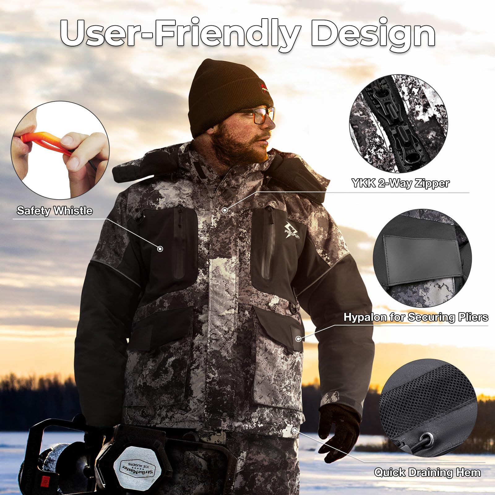 Piscifun Men's Insulated Floating Waterproof Ice Fishing Jacket - Winter Coat for Extreme Cold Weather - Ideal for Ice Fishing, Snowmobiling & Outdoor Winter Activities