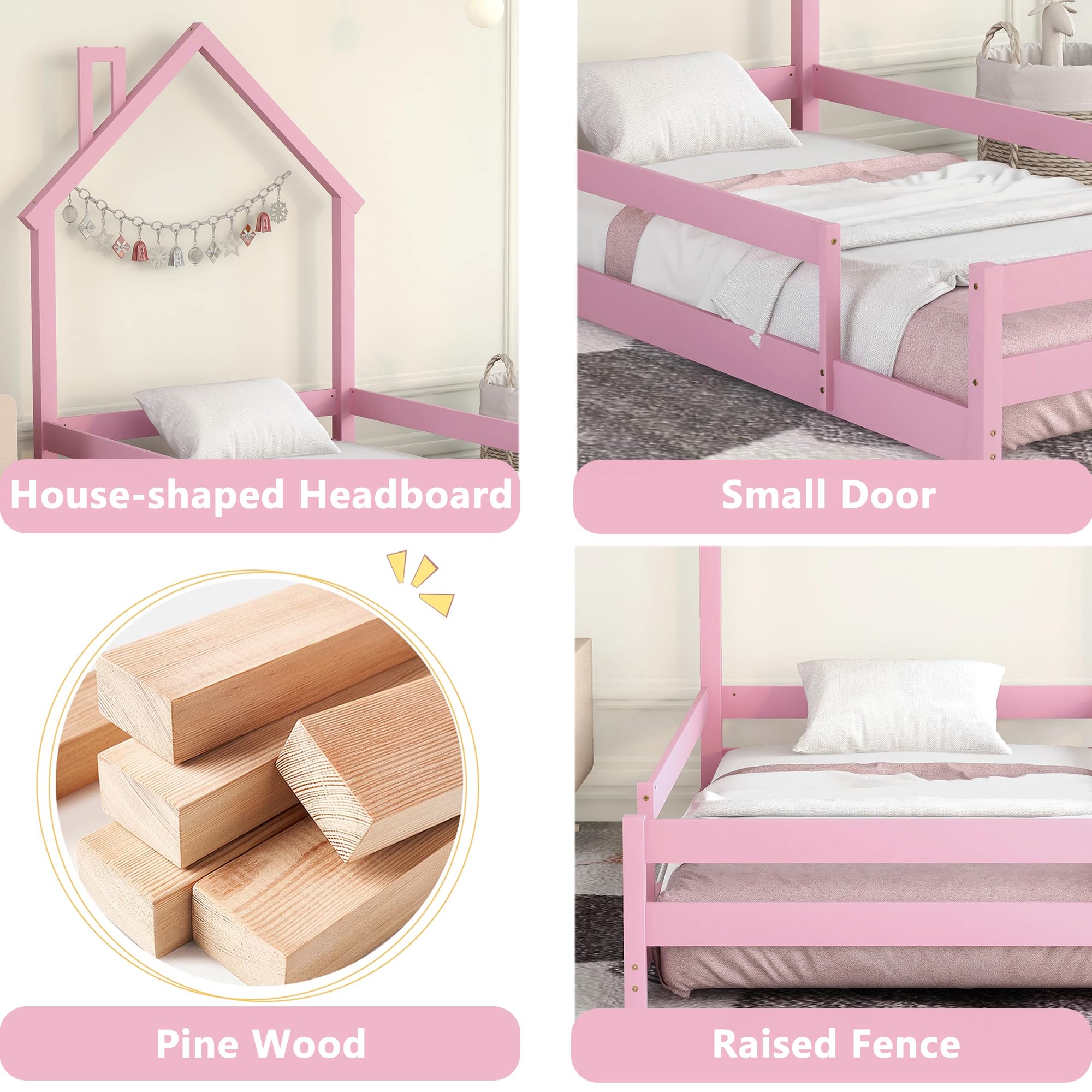 Bellemave Twin Size House-Shaped Headboard Floor Bed with Safety Fences - Wooden Montessori Kids Bed for Girls & Boys - Pink House Bed Frame for Toddler Room, Playroom & Nursery