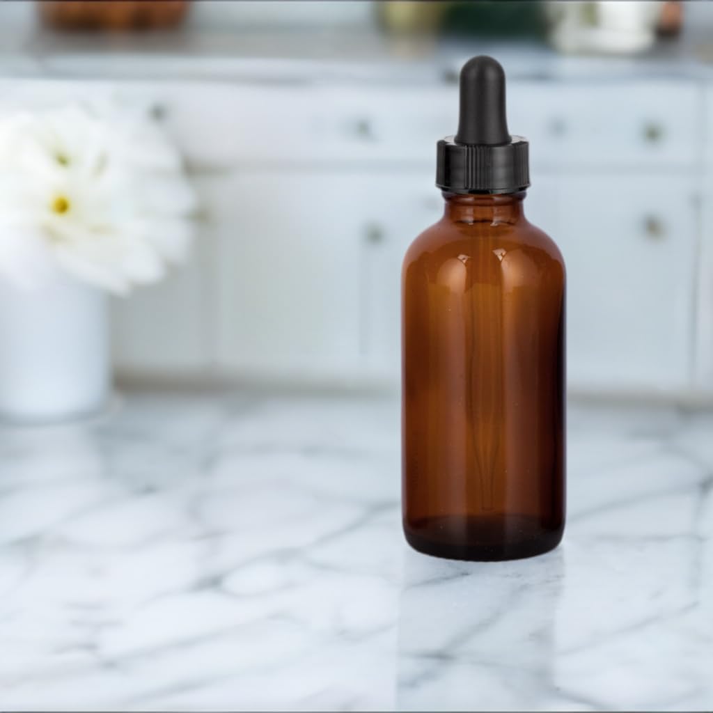 JUVITUS 2 oz Amber Glass Boston Round Bottles with Graduated Measurement & Dropper - 12 Pack with Free Funnel - Essential for Essential Oils, CBD, Tinctures & DIY Beauty Products
