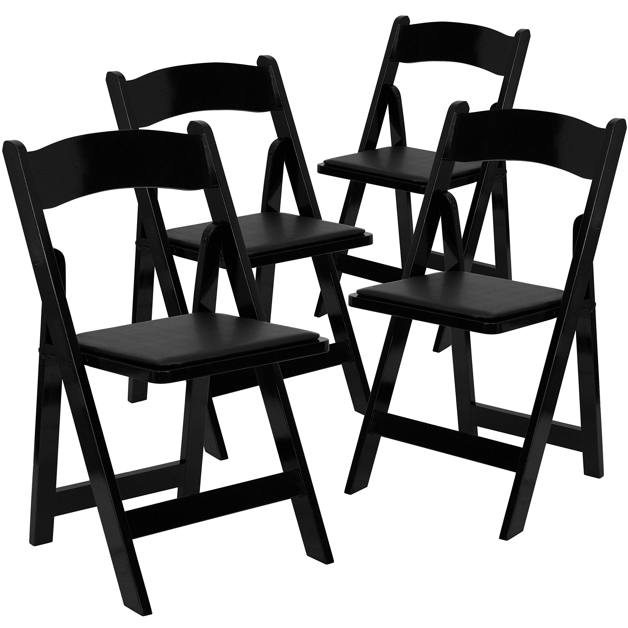 4 Pack Black Wood Folding Chairs with Vinyl Padded Seat - Sturdy & Comfortable for Dining, Parties, Weddings & Outdoor Events