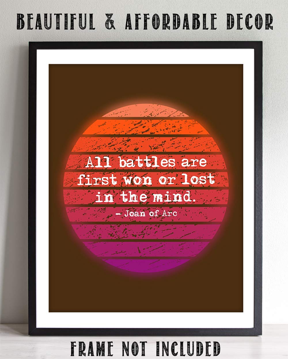 TJ Originals - 'All Battles Are First Won or Lost in the Mind' Joan of Arc Bible Quote Wall Art - 11x14 Inspirational Christian Decor Print - Perfect Gift for Home, Office & Church (Retro Sun Design)