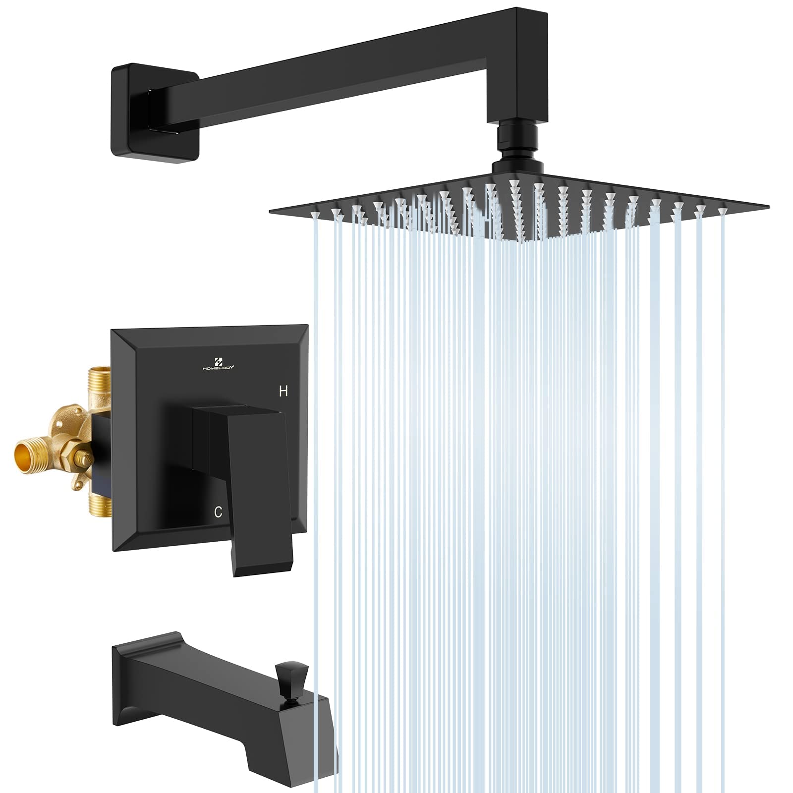 HOMELODY Black Shower Faucet Set - High Pressure Square Rainfall Shower Head & Handle Combo, Wall Mounted Luxury Bathroom Fixtures with Shower Valve - Perfect for Modern Home Spa & Relaxing Shower Experience