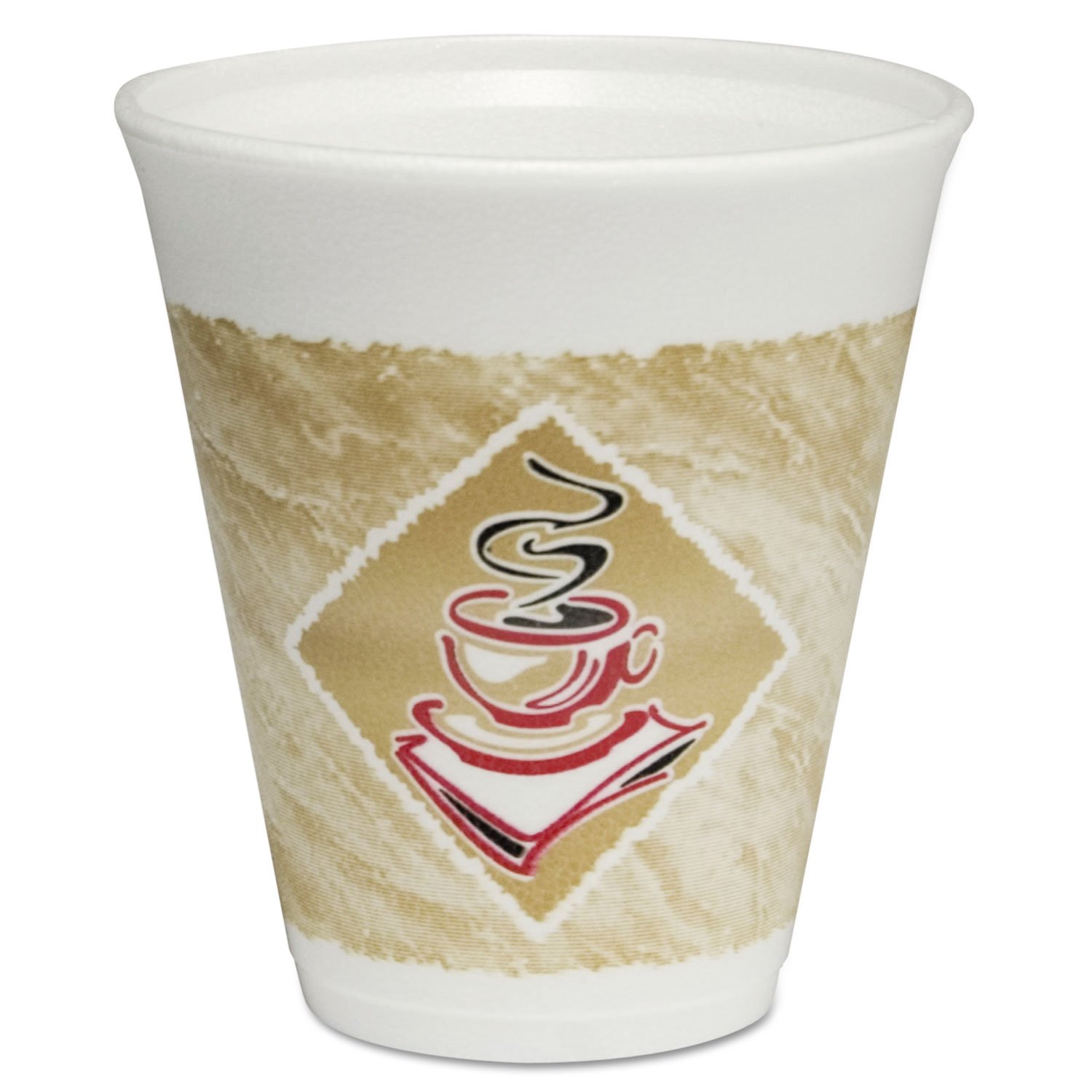 12 oz White Foam Hot & Cold Cups with Brown & Red Design - Insulated Disposable Coffee Cups for Office, Parties, and Takeout Drinks