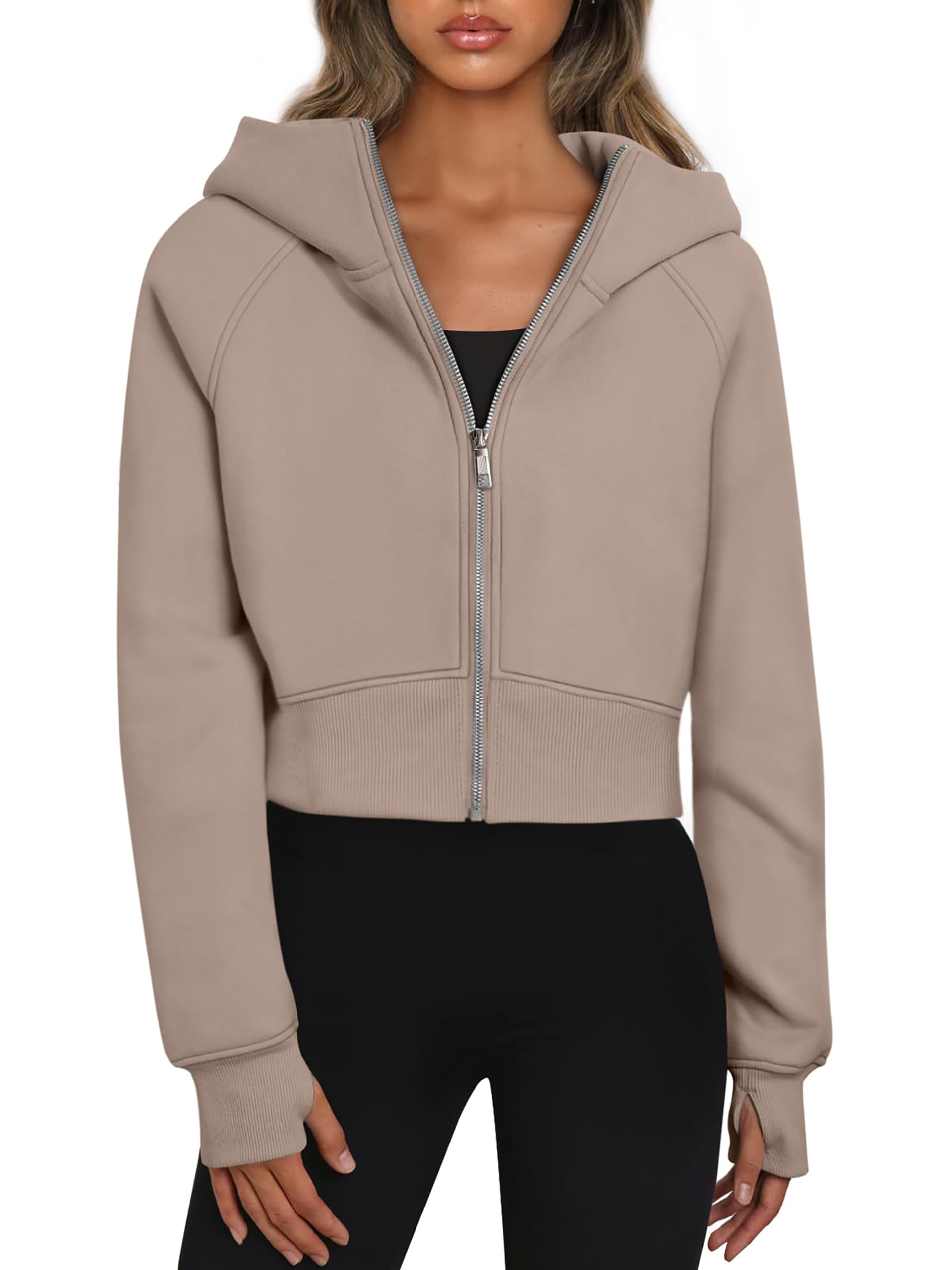 Women's Cropped Zip Up Hoodie with Pockets - Oversized Casual Long Sleeve Sweatshirt for Fall | Perfect for Streetwear, Lounge Wear & Coffee Dates