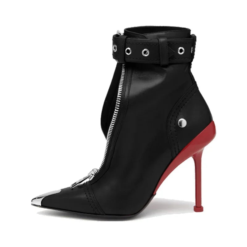 Women's Fashion Pointed Toe Ankle Boots with Belt Buckle & Front Zipper - Red High Heels for Autumn Winter - Stylish Metal Decorated Short Boots for Office, Party & Night Out