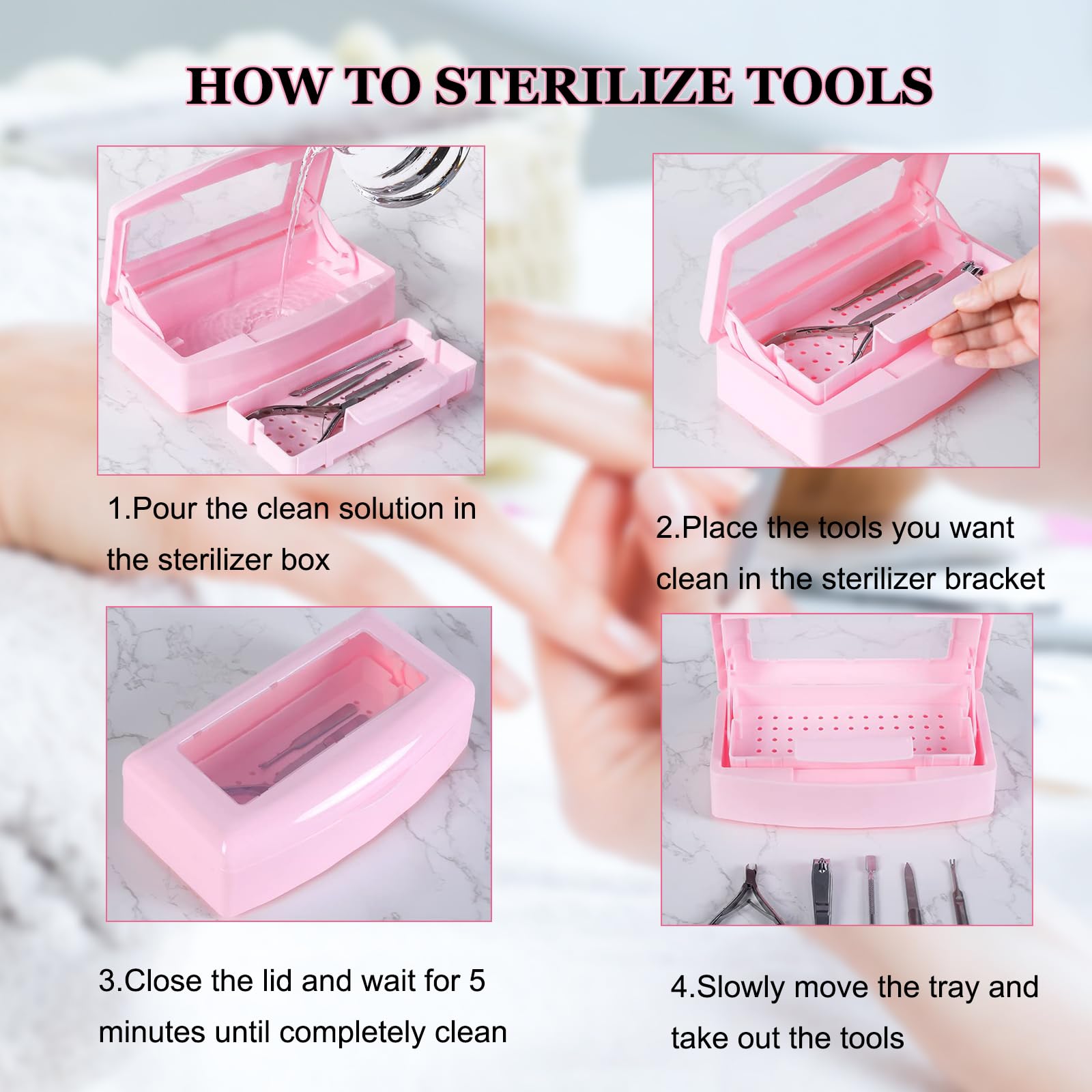 UV Nail Tool Sterilizer Box - Portable Plastic Sterilization Tray for Nail Tweezers, Clippers & Manicure Tools | Professional Salon-Grade Disinfection for Nail Technicians & Estheticians (Pink) | Perfect for Nail Salons, Spas & Home Manicure Stations