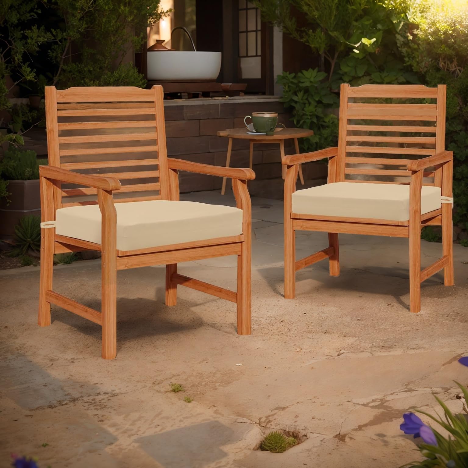 **4-Pack Outdoor Chair Cushions - 17x17x2 Inch Square Memory Foam Seat Cushions with Ties, Khaki - High Density Waterproof & Durable Elastic Sponge for Patio, Garden, Poolside & Deck Chairs**