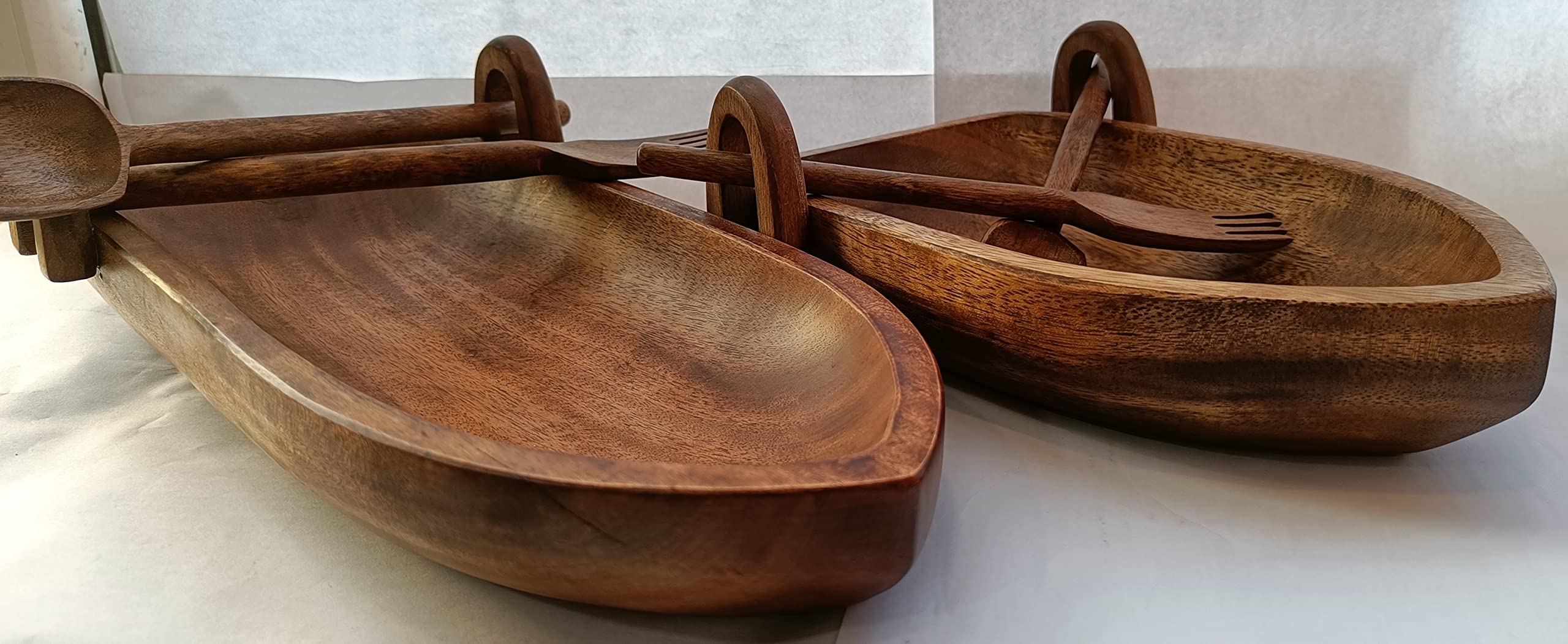 Premium Set of 2 Acacia Wood Serving Trays - Natural Brown Wooden Boat-Shaped Platters for Fruits, Salads, Snacks, Charcuterie & Appetizers | Includes 2 Forks & Spoons (10