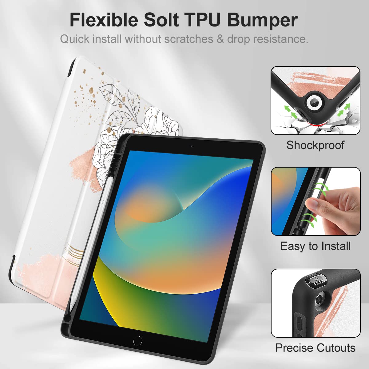 Premium iPad 10.2 Case (2021/9th Gen & 2020/2019/8th/7th Gen) - Trifold Stand with Built-in Pencil Holder, Auto Wake/Sleep & TPU Protection - Floral Design for Work, School & Travel