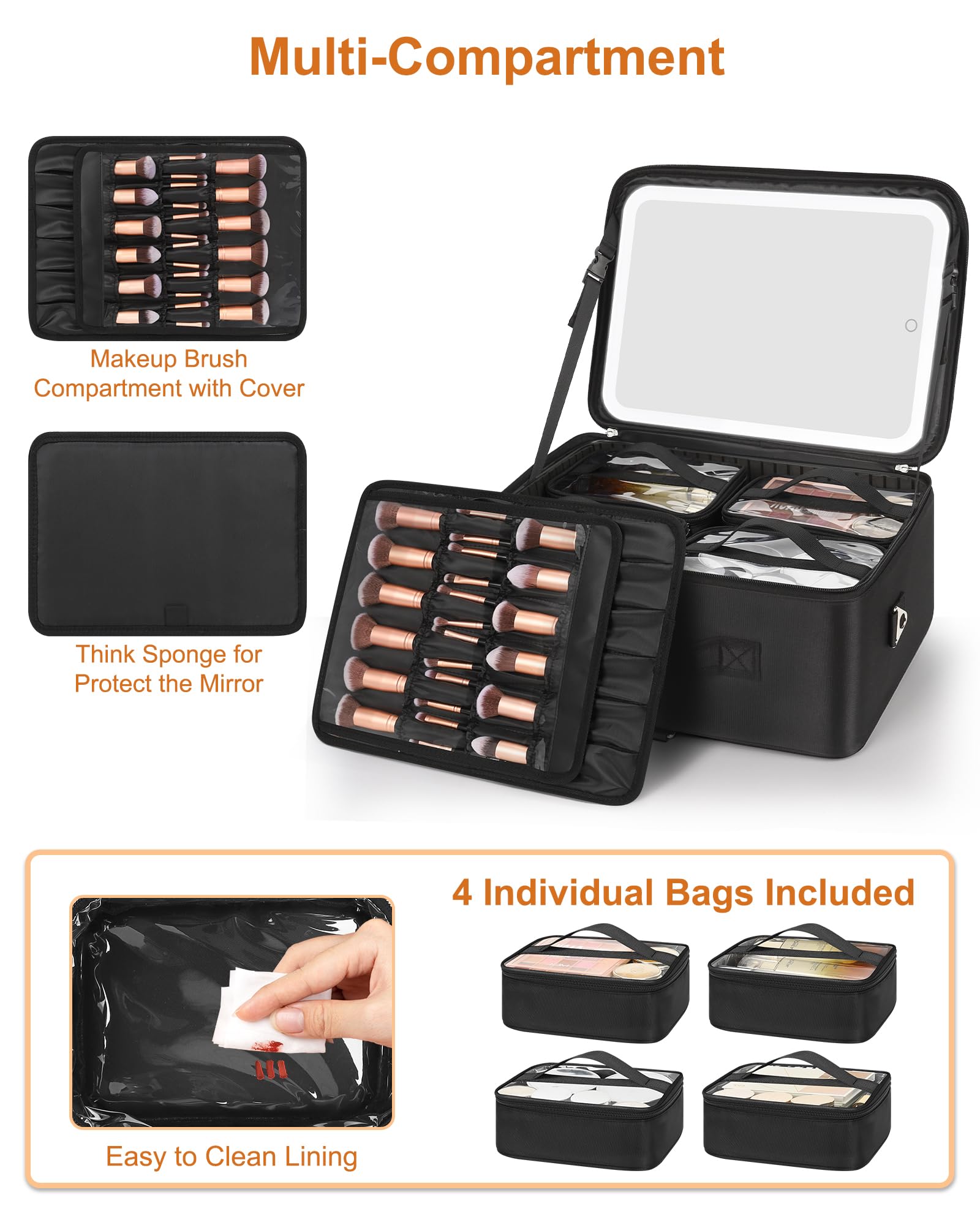 Relavel LED Makeup Bag with Mirror - Large Cosmetic Organizer for Travel & Professionals