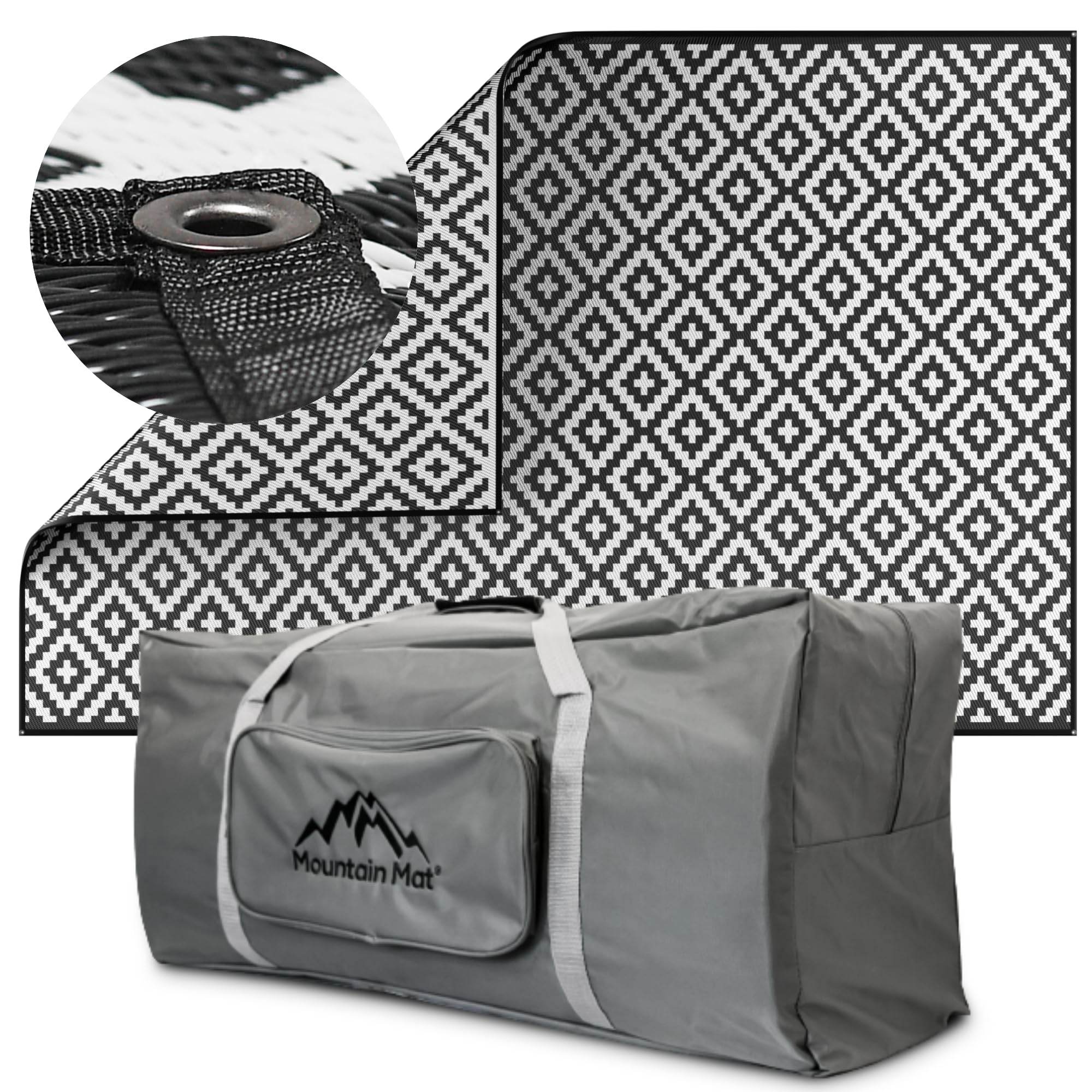 Premium 8' x 12' Outdoor Rug - 100% Recycled Plastic, Sand-Free & Durable - Perfect for Camping, RV, Patio, Beach - Includes Carry Bag & Grommets (Black) - Ideal for Outdoor Gatherings, Picnics & Backyard Decor