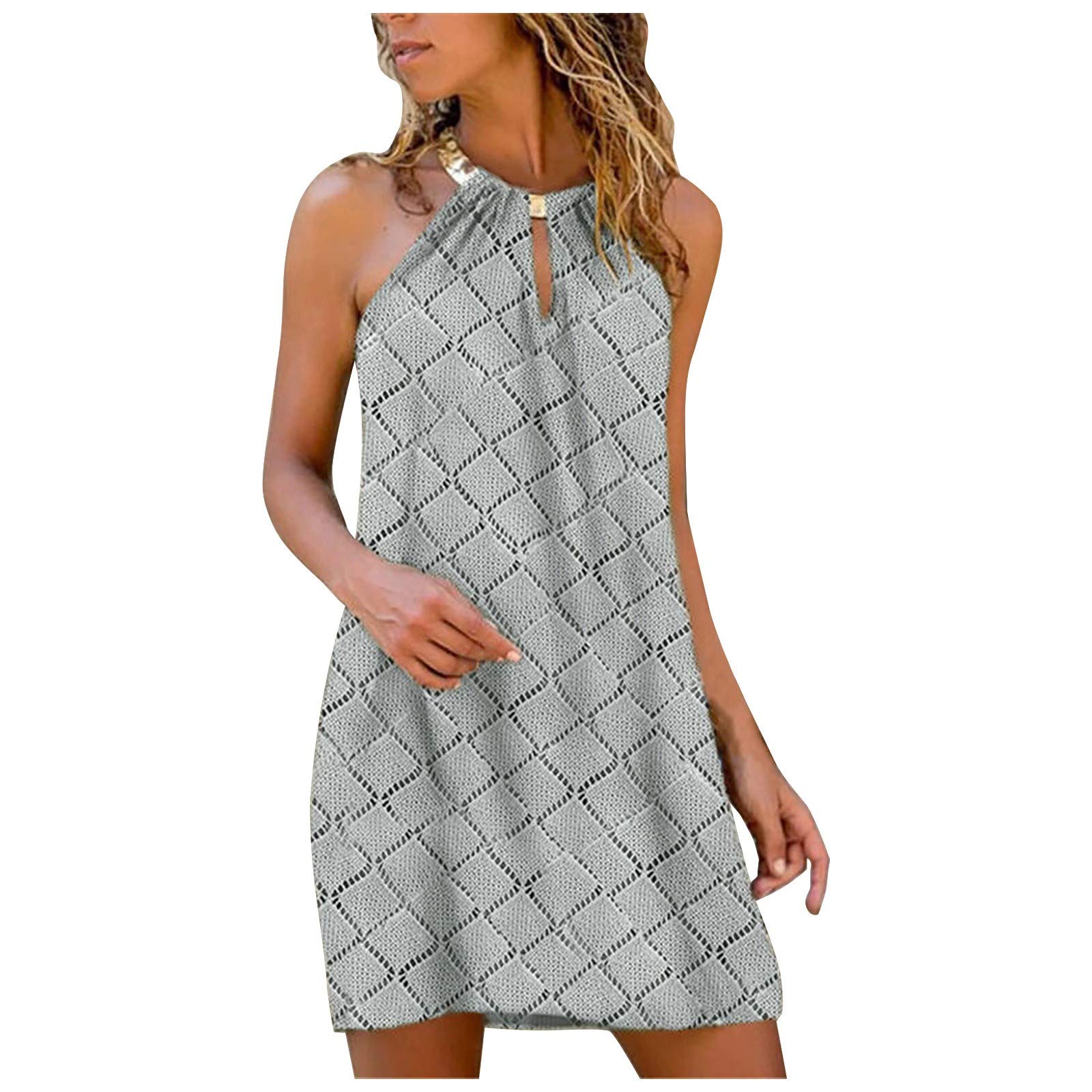 Stylish Plus Size Women's Summer Casual Sleeveless Dress with Diamond Print & Metal Hanging Neck - Perfect for Beach Outings, Parties, and Everyday Wear