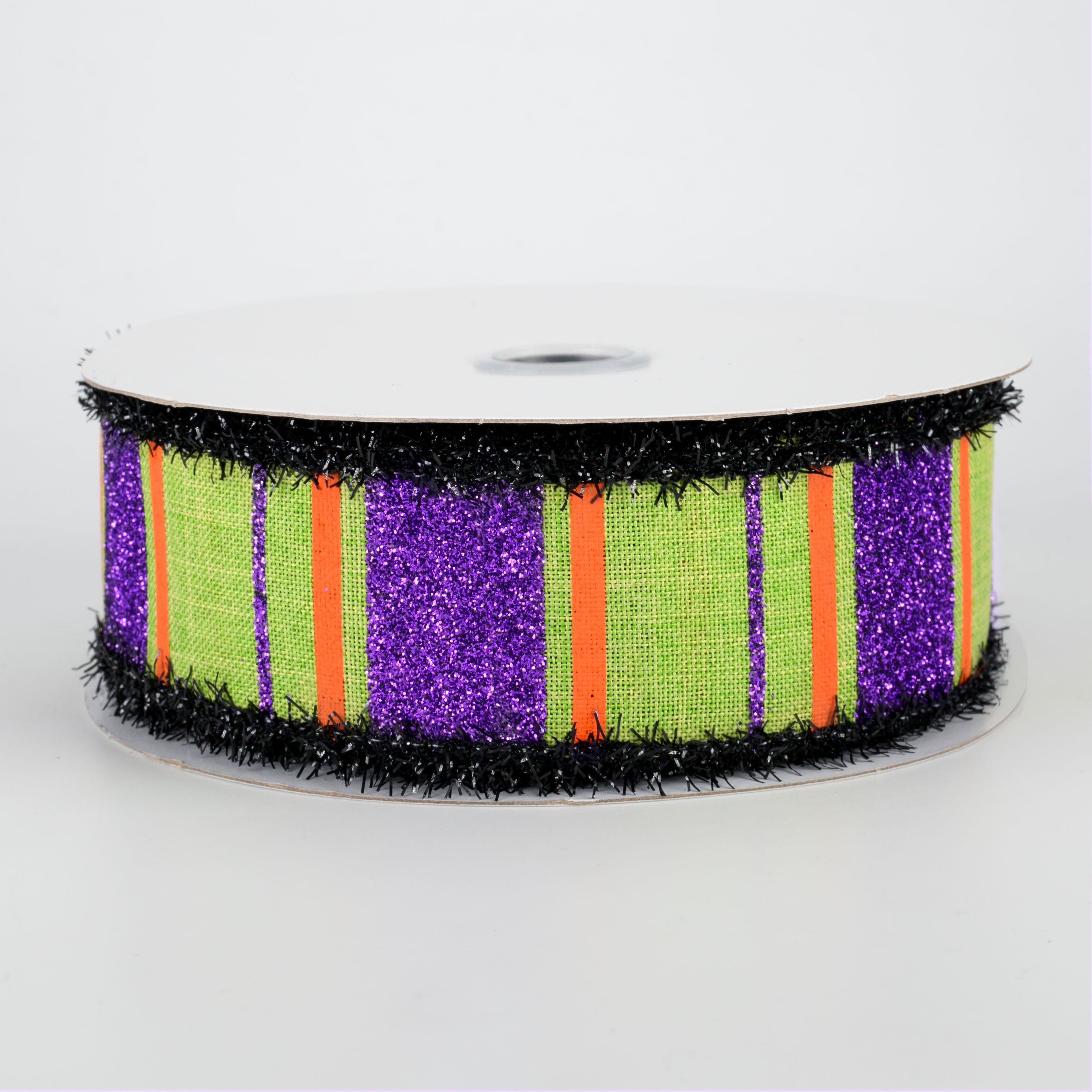 1.5 Inch Glittered Stripes Tinsel Edge Ribbon - Lime, Dark Purple, Orange (10 Yards) for Gift Wrapping, Party Decorations & Christmas Tree Trimming