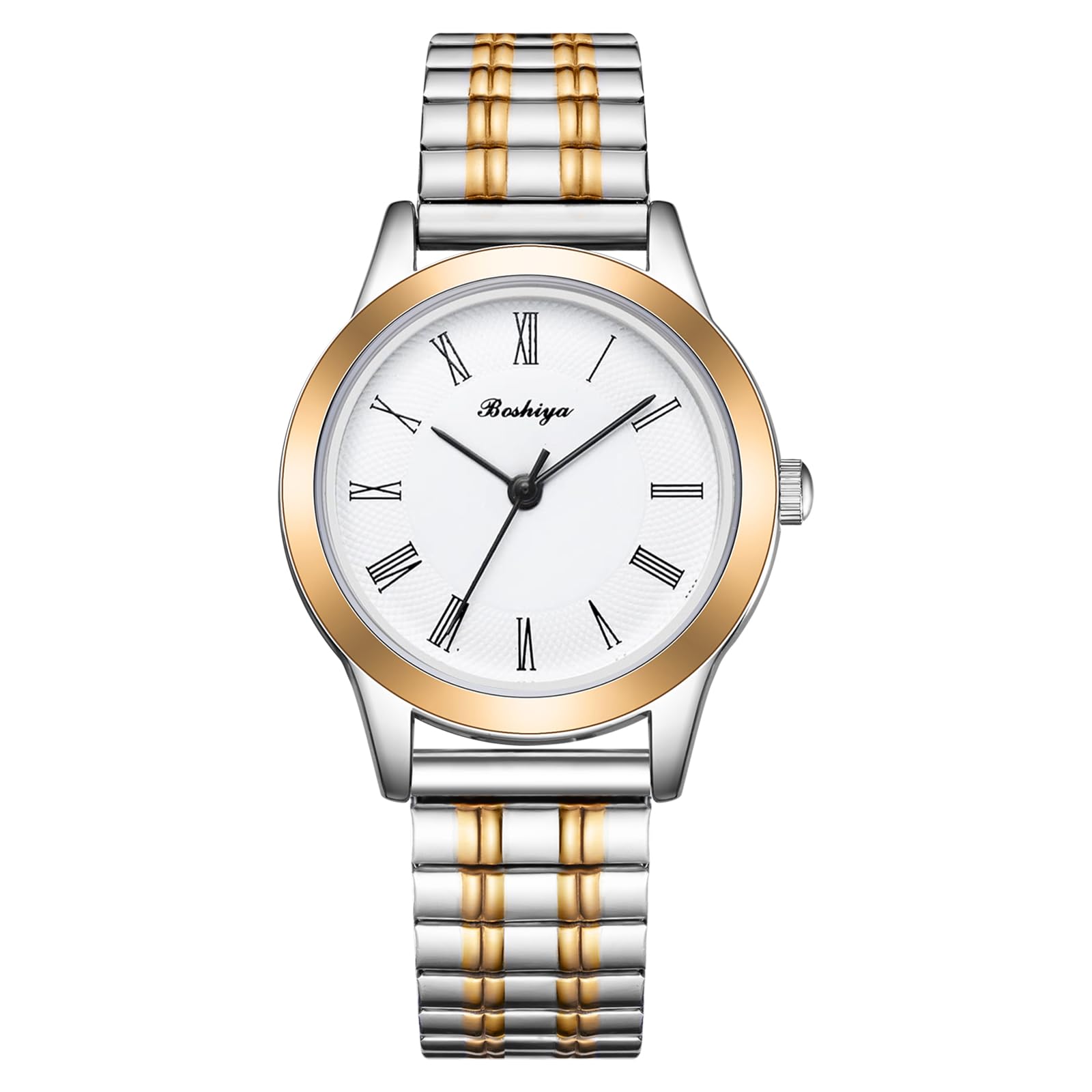 BOSHIYA Women's Stretch Band Watch - 30mm Analog Quartz Roman Numerals Dial with Stainless Steel Expansion Band - Gold & Silver - Perfect for Office, Casual Wear & Everyday Use