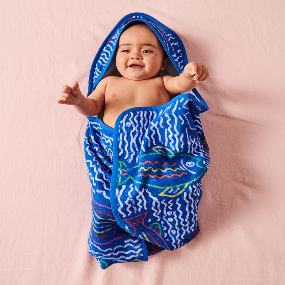 Soft & Absorbent Deep Blue Printed Terry Baby Towel - Gentle on Skin, Perfect for Bath Time & Nursery Comfort