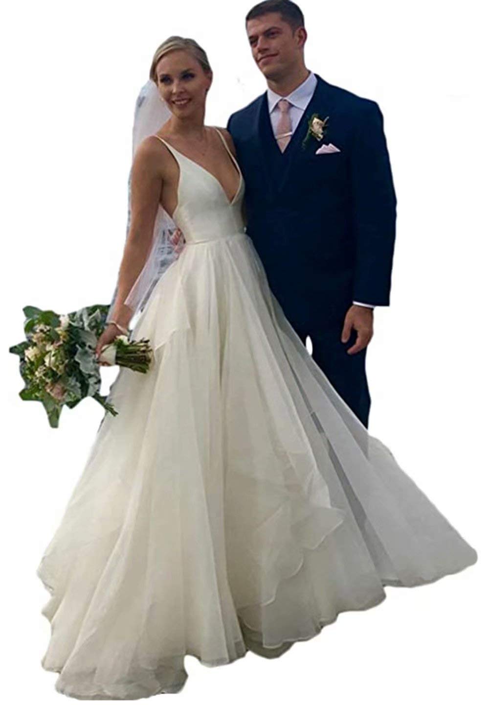 Elegant V-Neck A-Line Beach Wedding Dress for Bride - Backless Satin Tulle Bridal Gown for Women | Perfect for Beach Weddings, Destination Elopements & Romantic Photoshoots