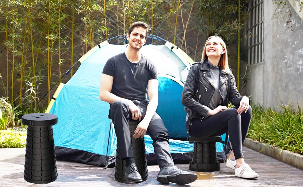 ALEVMOOM Collapsible Stool with Cushion - Portable, Telescoping & Sturdy Folding Camping Stool - Adjustable Height for Outdoor, Hiking, BBQ, Picnics, Beach, Fishing & Backyard Relaxation