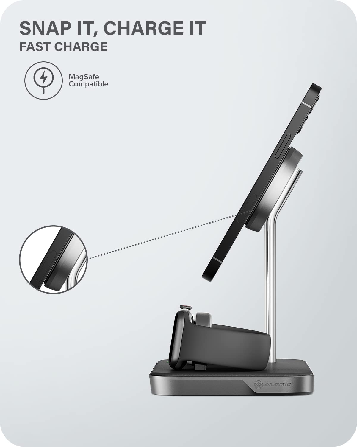 ALOGIC MagSpeed 3-in-1 Wireless Charging Station with LED Indicator | Magsafe Compatible for iPhone 15/14/13/12 Series | Fast Charging for AirPods & Apple Watch | Certified Safe | Perfect for Home, Office & Travel Use