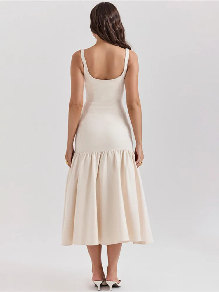 Elegant Backless Maxi Fishtail Dress for Women - Square Collar Sleeveless Loose Pleated Long Gown | Perfect for Evening Parties, Weddings & Special Occasions