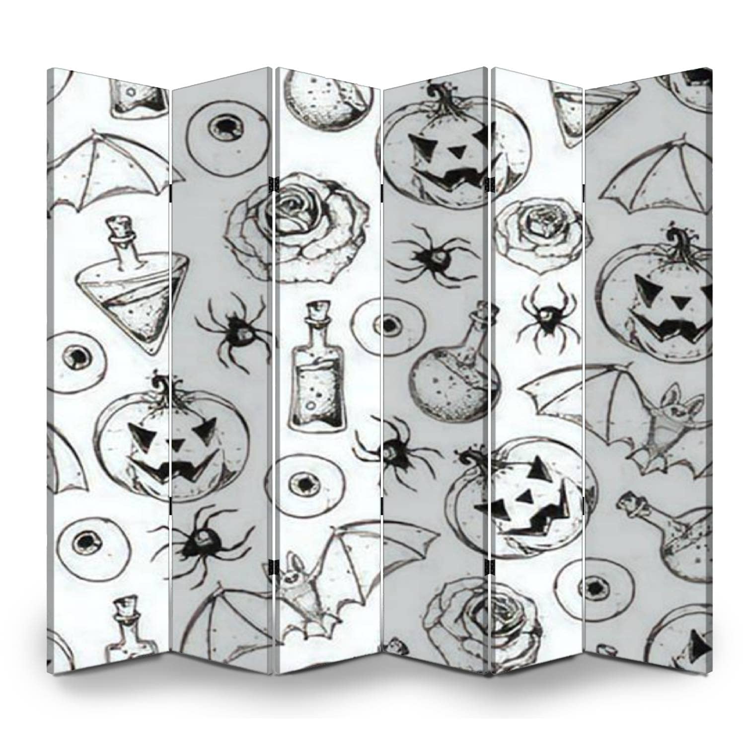 6 Panel Folding Privacy Screen - Halloween Themed Hand-Painted Canvas Room Divider with Pumpkin, Bat & Spider Design - Perfect for Home Office, Bathroom & Party Decor