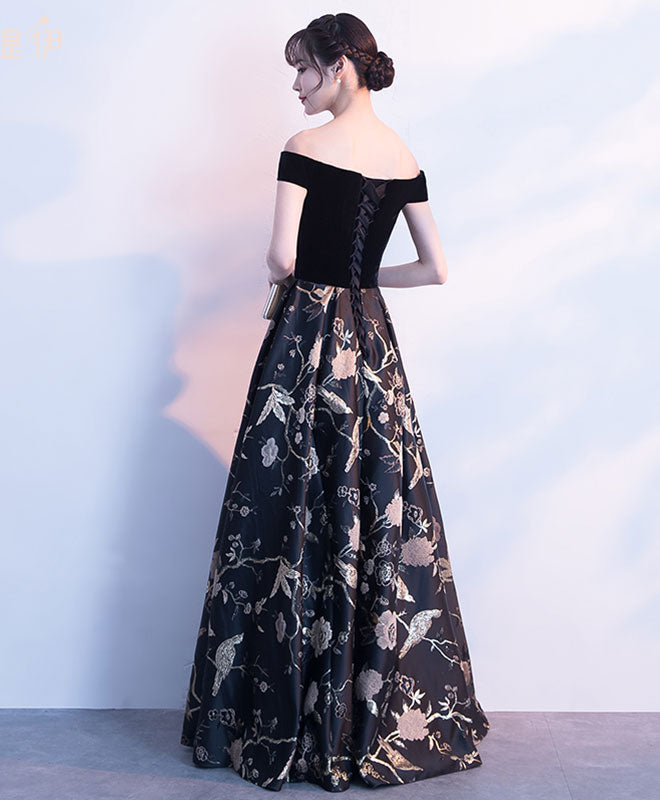 Elegant Black Off Shoulder Floral Long Prom Dress - Formal Evening Gown for Homecoming, Wedding & Special Occasions