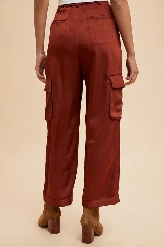 Annie Wear Women's Wide Leg Cargo Satin Pants - High Waisted Fashion Trousers for Casual & Work Outfits | Comfortable Stretch Fabric for Everyday Wear