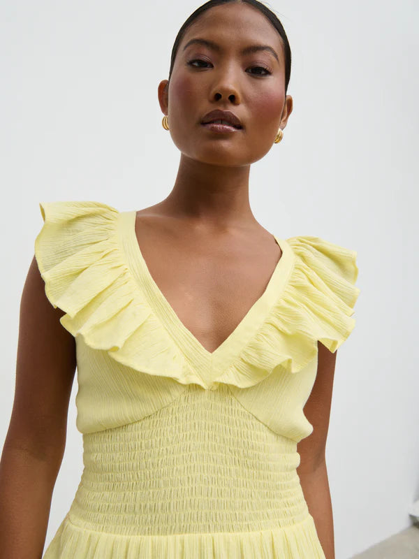 Opal Ruffle Maxi Dress - Women's Flowy Summer Dress in Lemon Yellow | Perfect for Beach Vacations, Weddings & Boho Fashion