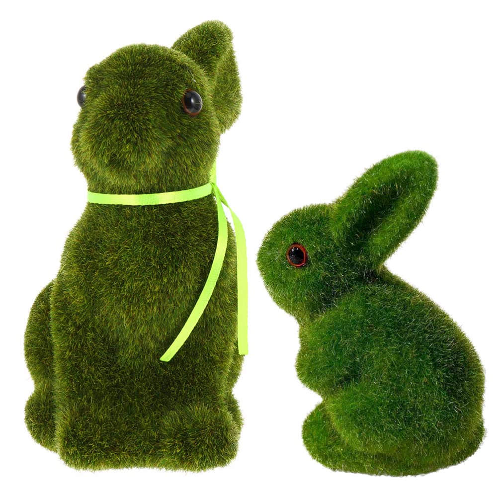 Jojofuny 2-Pack Flocked Furry Bunny Easter Decorations - Artificial Moss Rabbits Figurines for Spring Tabletop, Bookshelf & Mantel - Perfect for Easter Home Decor, Garden Party & Holiday Gift
