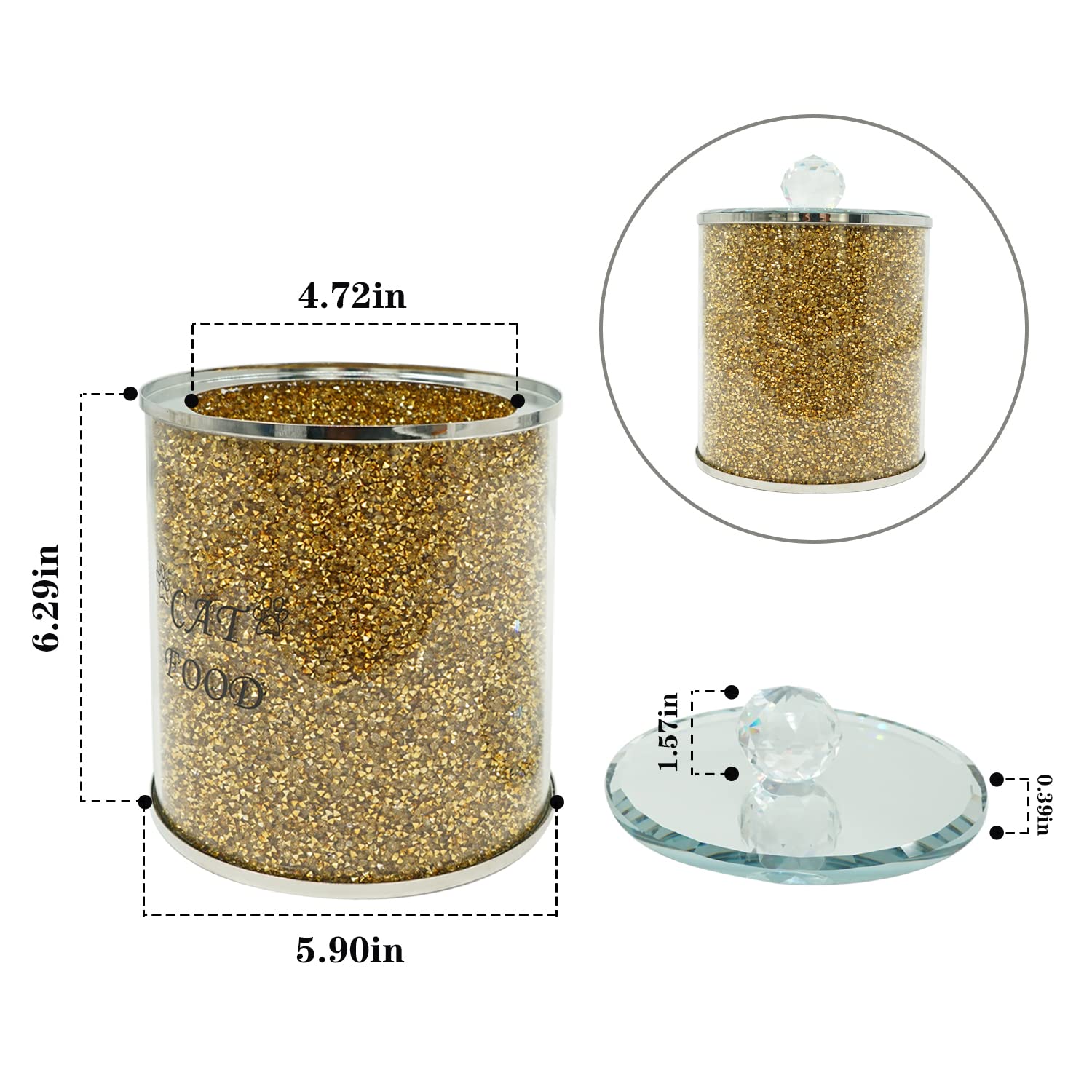 Lmaray Crushed Diamonds Crystal Cat Food Storage Container with Lid - Airtight Pet Food Storage Tin for Dry Kibble & Treats - Elegant Glass Container for Cat Food Organization in Kitchen & Pet Feeding Areas