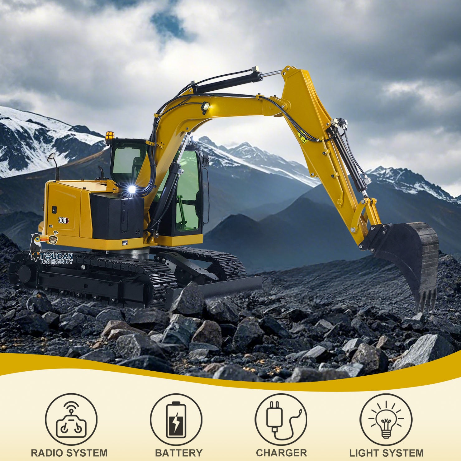 1/14 Scale Metal RC Hydraulic Excavator - C308 Radio Controlled Construction Digger Toy with Flysky ST8 Remote & Battery (Ready-to-Run) - Perfect for Construction Enthusiasts & RC Hobbyists - Great for Backyard Digging, Construction Play & Collector's Display