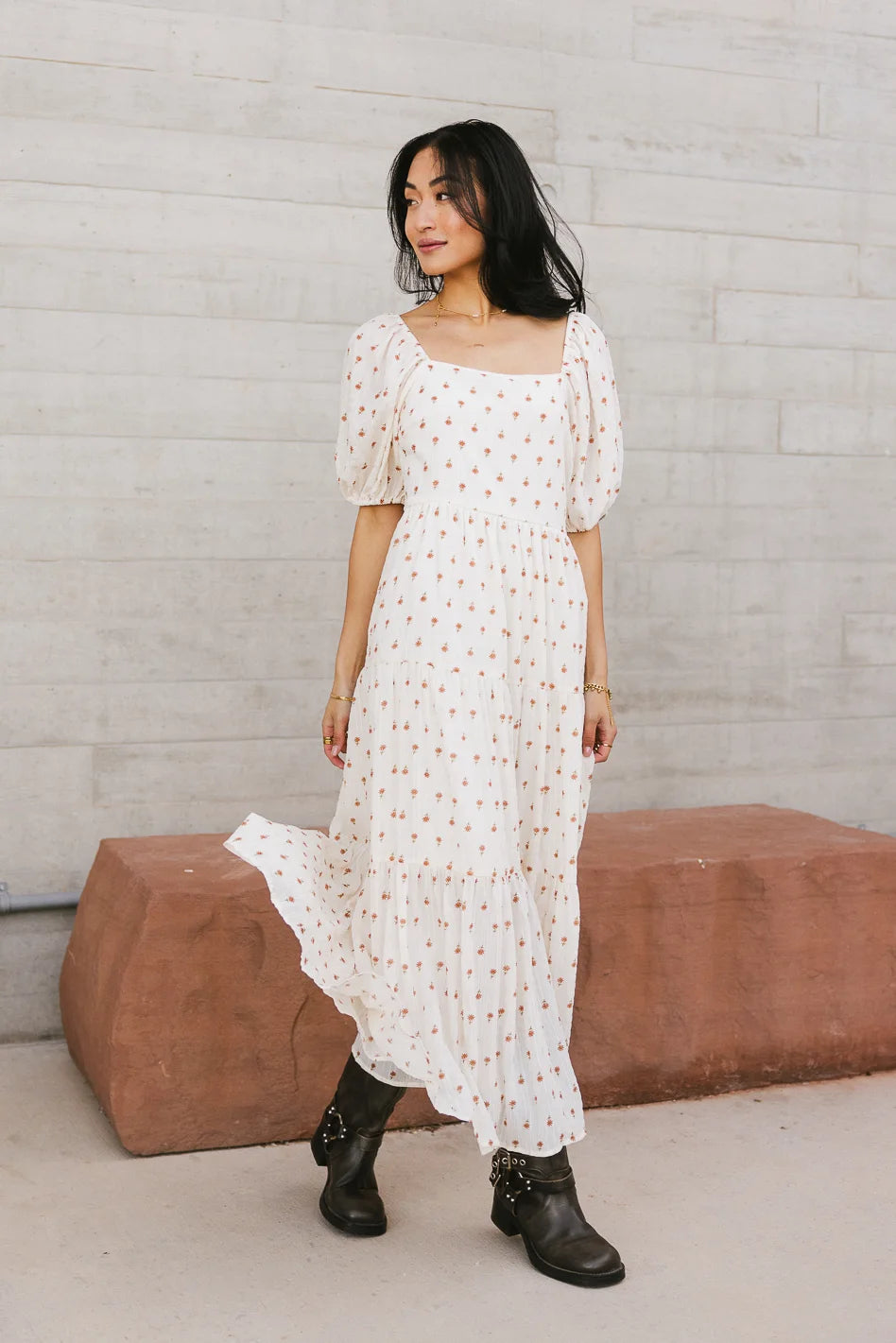 Landrie Ditsy Floral Dress in Rust - Women's Boho Summer Dress with Short Sleeves & Flowy Skirt | Perfect for Beach Vacations, Date Nights & Casual Outings