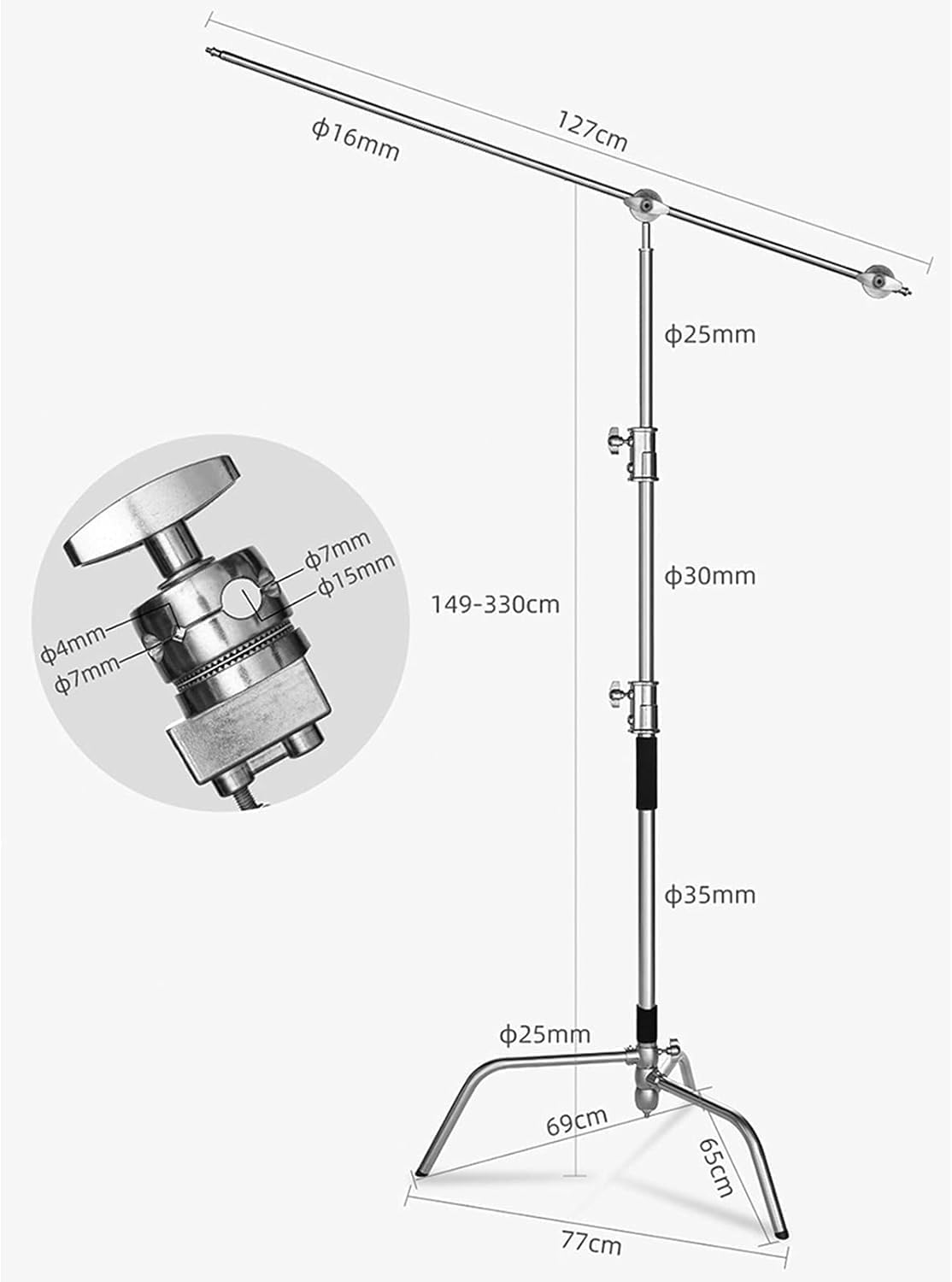 Heavy Duty C Stand with Boom Arm for Photography - 10.8ft/330cm Max Height, 4.2ft/127cm Holding Arm, Silver Stainless Steel Light Stand | Perfect for Studio Lighting, Video Production & Portrait Photography