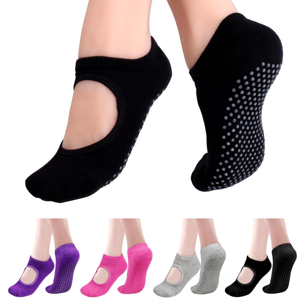 4 Pairs Non-Slip Yoga Socks for Women - Toeless Grip Pilates, Barre & Ballet Socks with Elastic Design - Perfect for Yoga, Dance, Gym Workouts & Home Exercise