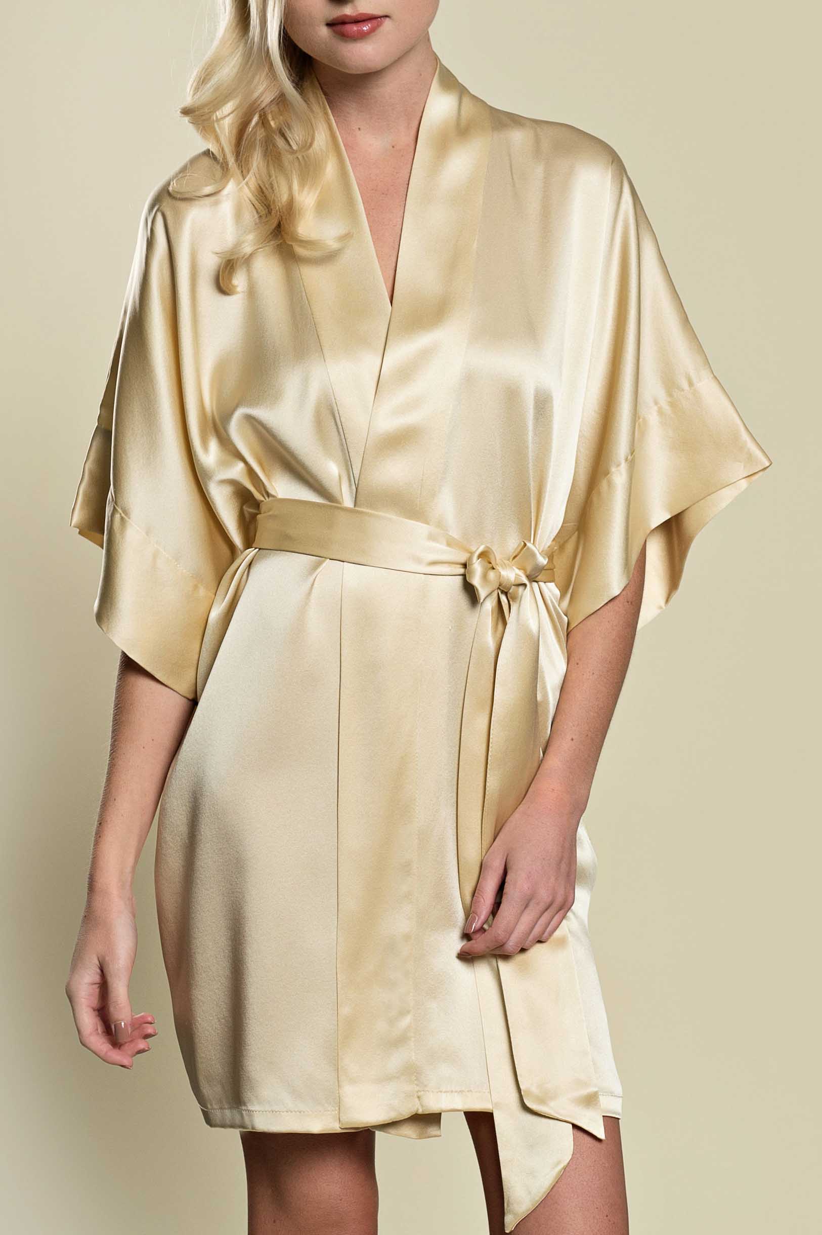Luxury Samantha Silk Kimono Robe - Gold Satin Women's Bathrobe for Spa, Bridal Shower & Loungewear