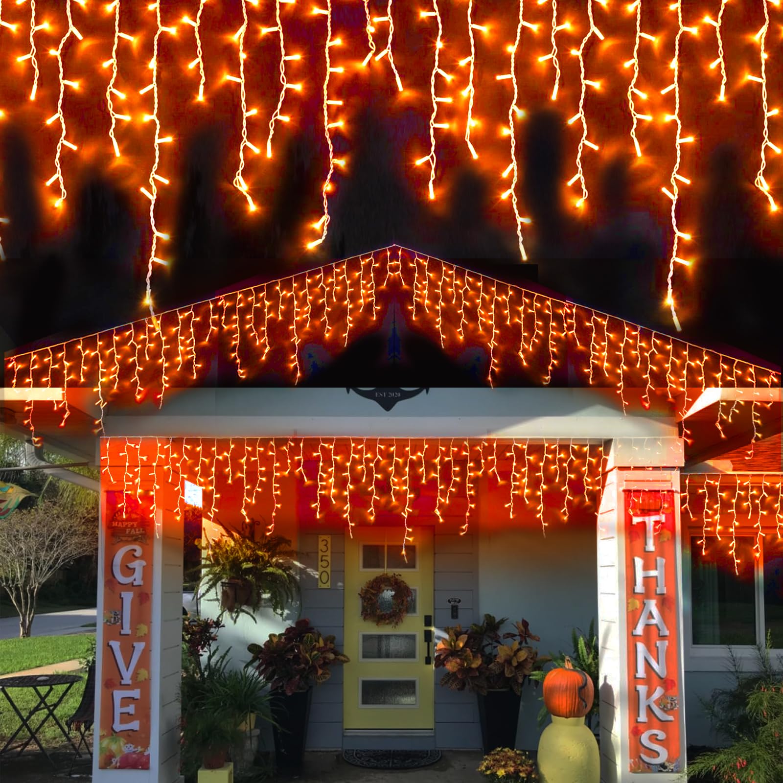YEGUO 33ft 400 LED Orange Icicle Christmas Lights - Connectable 80 Drops Outdoor String Lights with 8 Lighting Modes & Memory Function | Perfect for Holiday Decor, Christmas Tree, Window, Roof & Party Decoration
