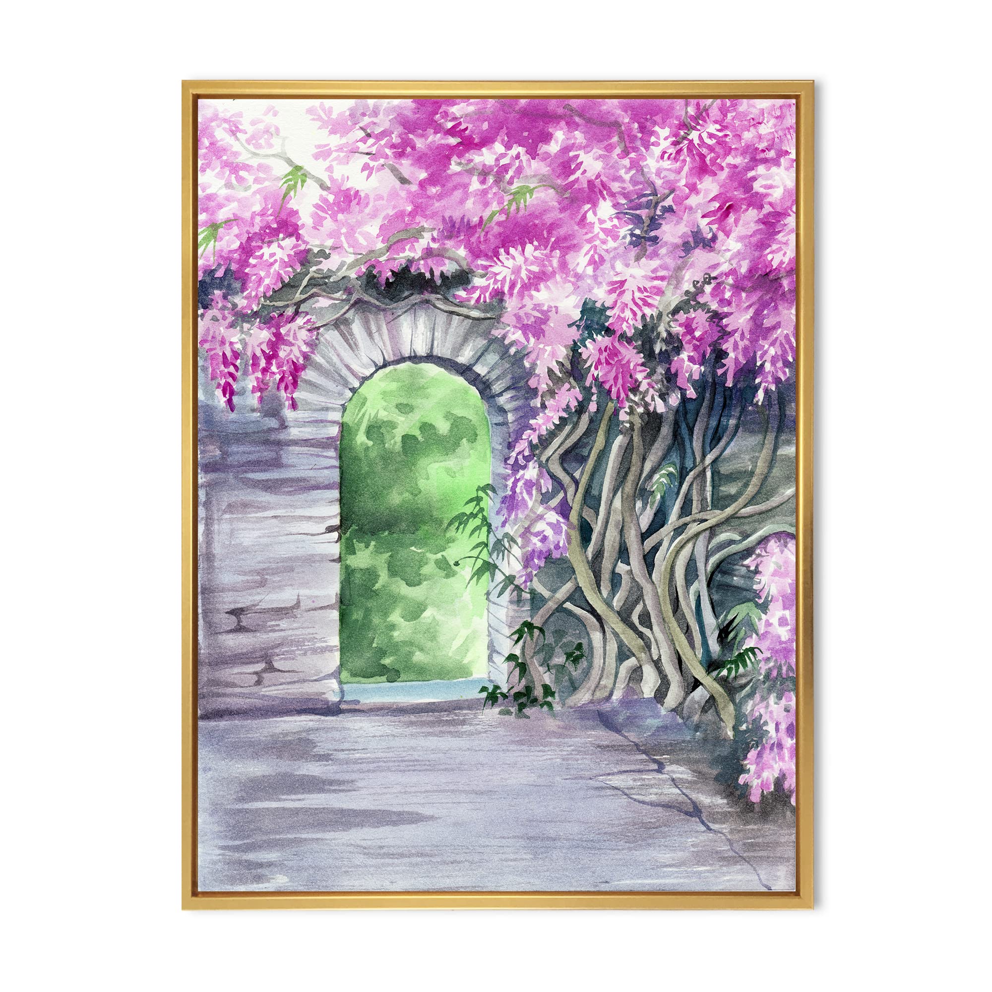 DesignQ Blossoming Wisteria Garden Over The Wall - Traditional Framed Canvas Wall Art Print - Home Decor for Living Room, Bedroom & Office