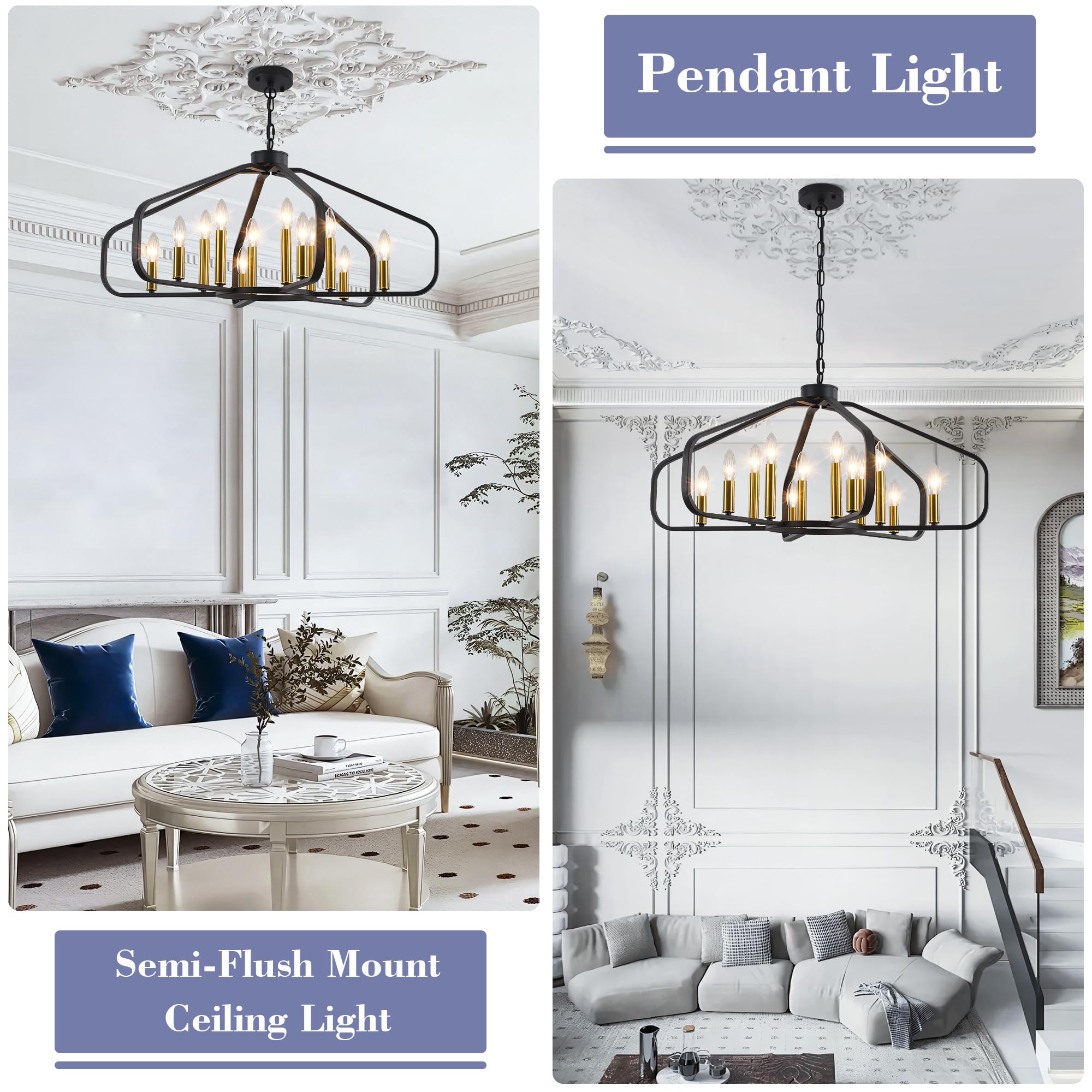 32.28'' Large Black and Gold Modern Farmhouse Cage Chandelier - 12-Light Dining Room Lighting Fixture for Living Room, Bedroom, Kitchen, Entryway & Foyer | Perfect for Rustic Home Decor & Wedding Venue Lighting
